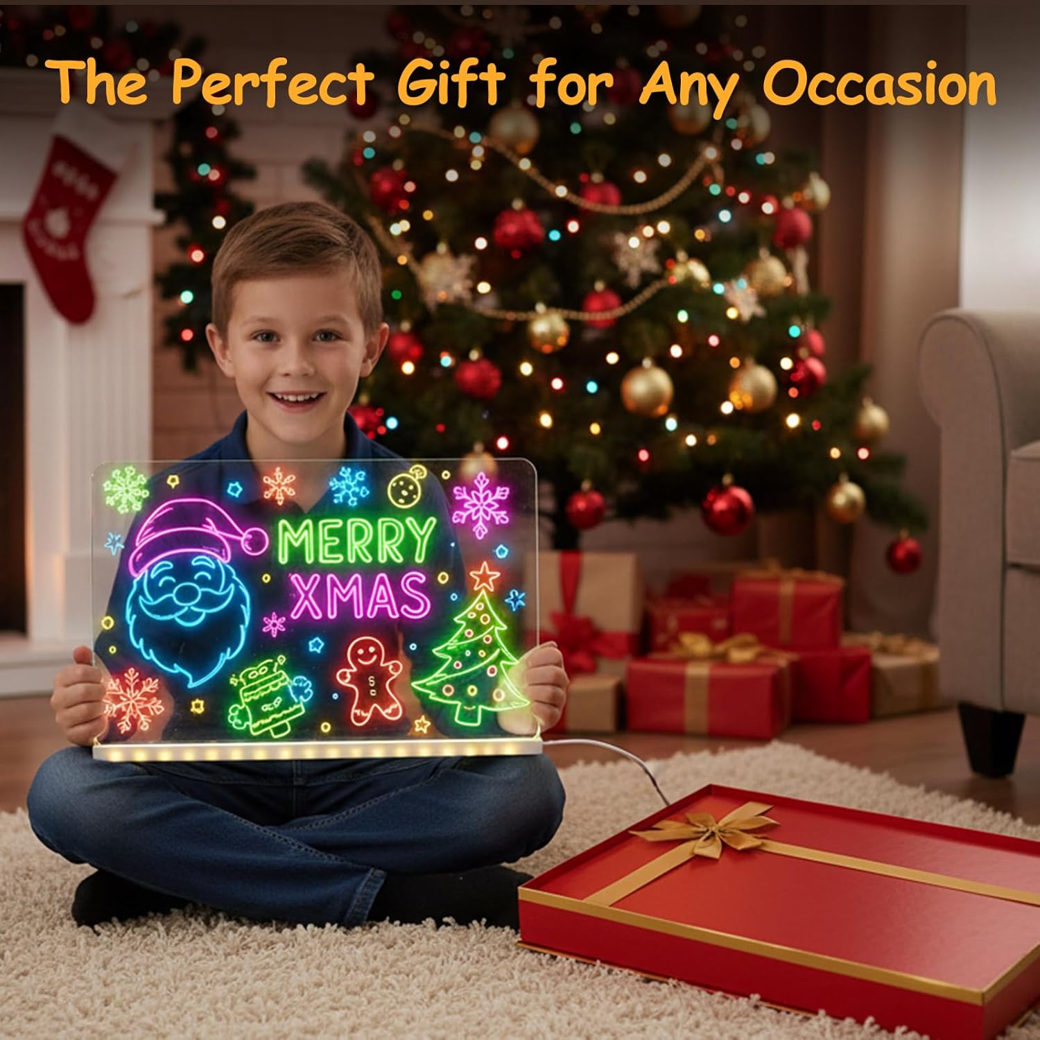 LED Glass Drawing Board for Kids, 11.8"x7.9" Glowing Glass Message Board, Includes Led Note Board, Stand, Spray Bottle, Perfect for Art & Notes, Great Gift for Kids
