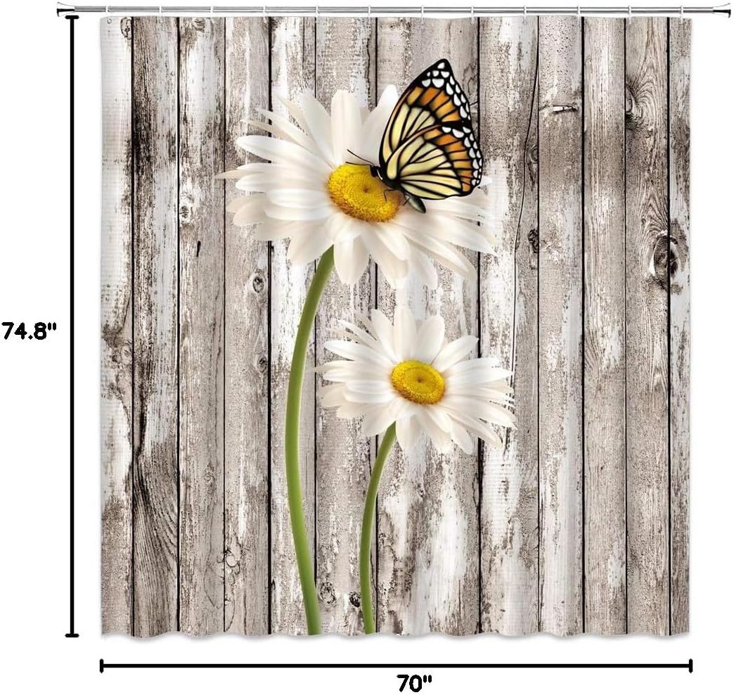 Rustic Daisy Shower Curtain Farmhouse White Daisy Flower Butterfly Vinatage Wooden Barn Door Farm Spring Flower Nature Botanical Retro Countryside Bathroom Decor Fabric Curtain with Hooks
