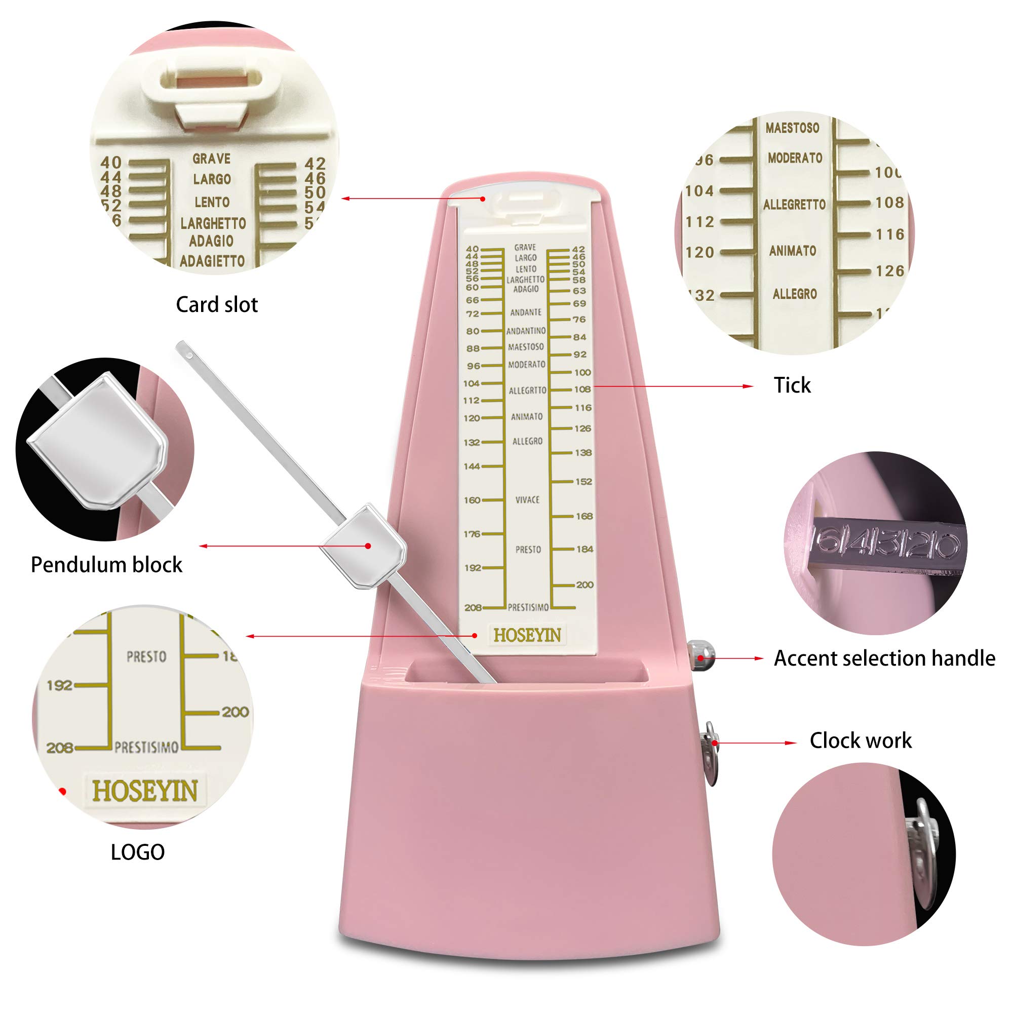 Metronomo meccanico classico, metronomo universale per pianoforte, chitarra, violino e altri strumenti (rosa)