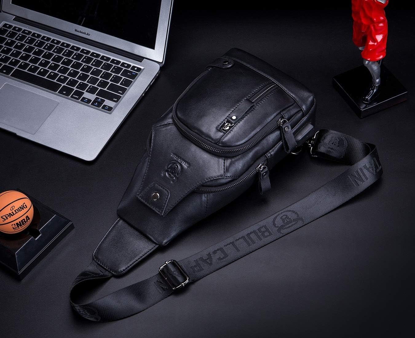 BULLCAPTAIN Men Sling Crossbody Bag with USB Charging Port Genuine Leather Shoulder Chest Bag Travel Hiking Backpack (Black) - Image 4