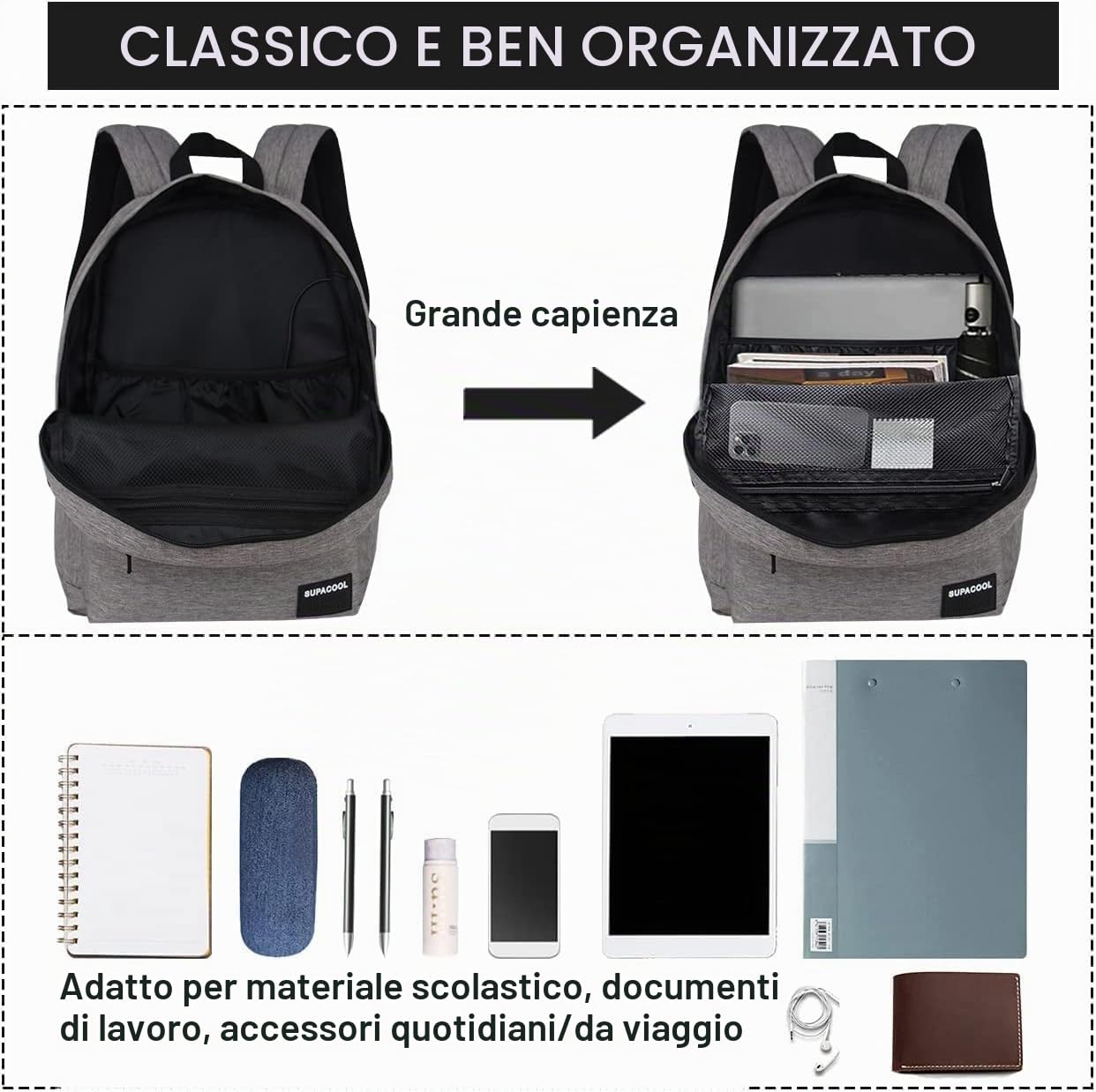 SUPACOOL Zaino leggero e casual con porta di ricarica USB per uomini e donne, borsa per libri di scuola per college, Big Size, laptop(Light Grey)