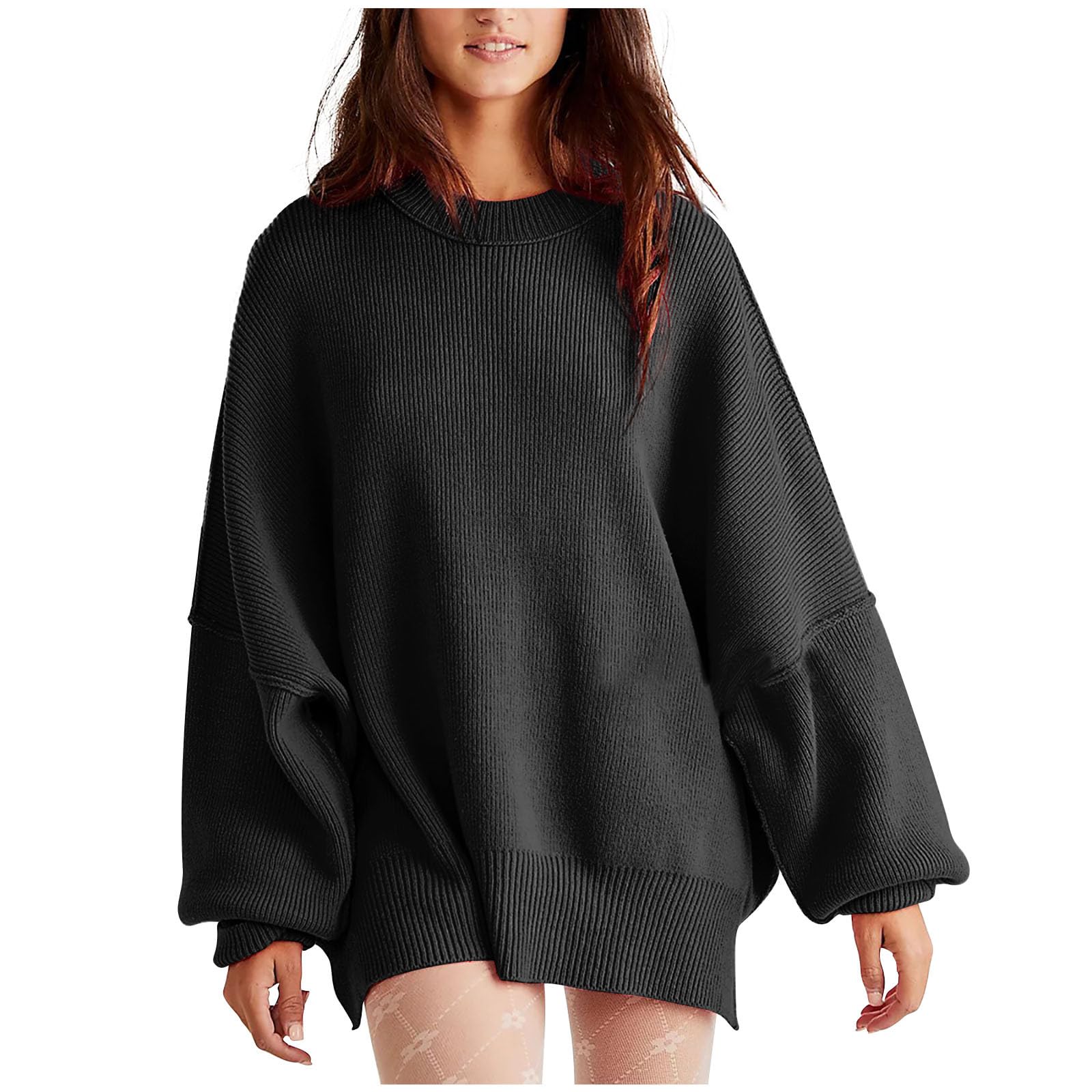 Swiusd Women's Sweater O-Neck Elastic Cuff Long Sleeve Oversize Knitted Pullover Solid Loose Fit Blouses