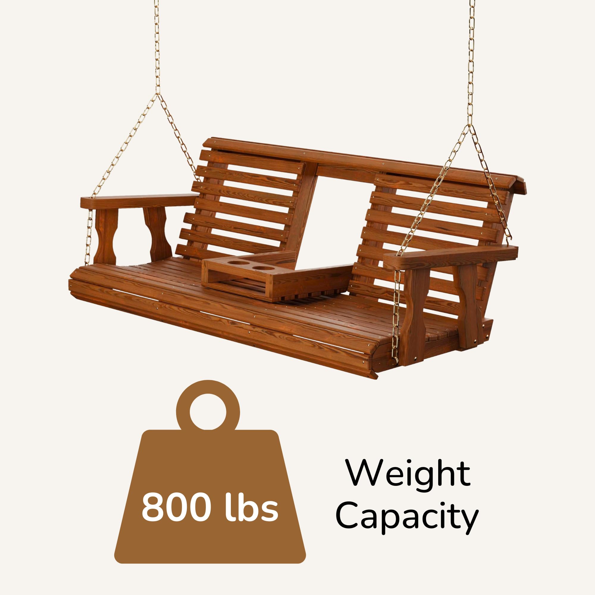 Porchgate Amish Heavy Duty Console Porch Swing with Fold Down Cup Holders in Cedar Stain - Amish Made in The USA from Treated Pine Hanging Chains Included product thumbnail 7