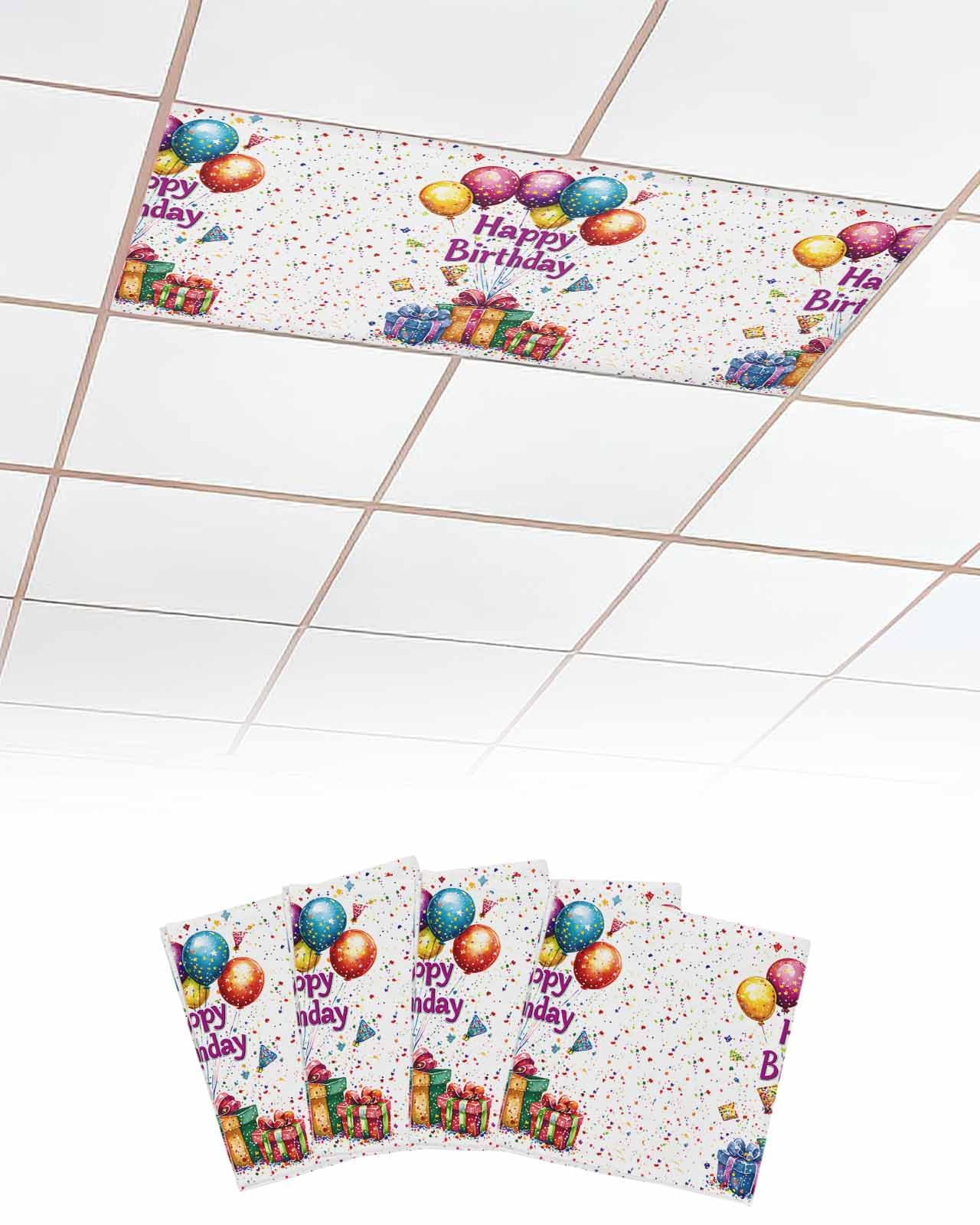 EwdeWwo Happy Birthday 4 Pcs Fluorescent Light Covers for Ceiling Lights, Balloons Magnetic Light Filters for Eliminate Harsh Glare Classroom Office Decoration, 4 x 2 Ft