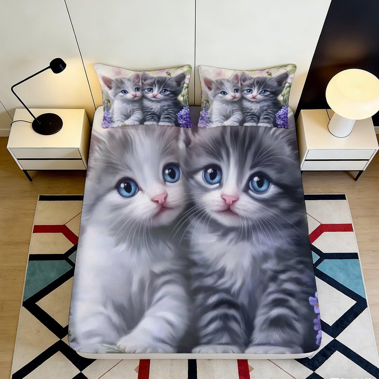 3D Printed Cute Kittens Fitted Sheet Microfiber Soft Breathable Adorable Cat Pattern Bed Cover for Bedroom Dormitory Guest Room Mattress Protection 90x200x25cm
