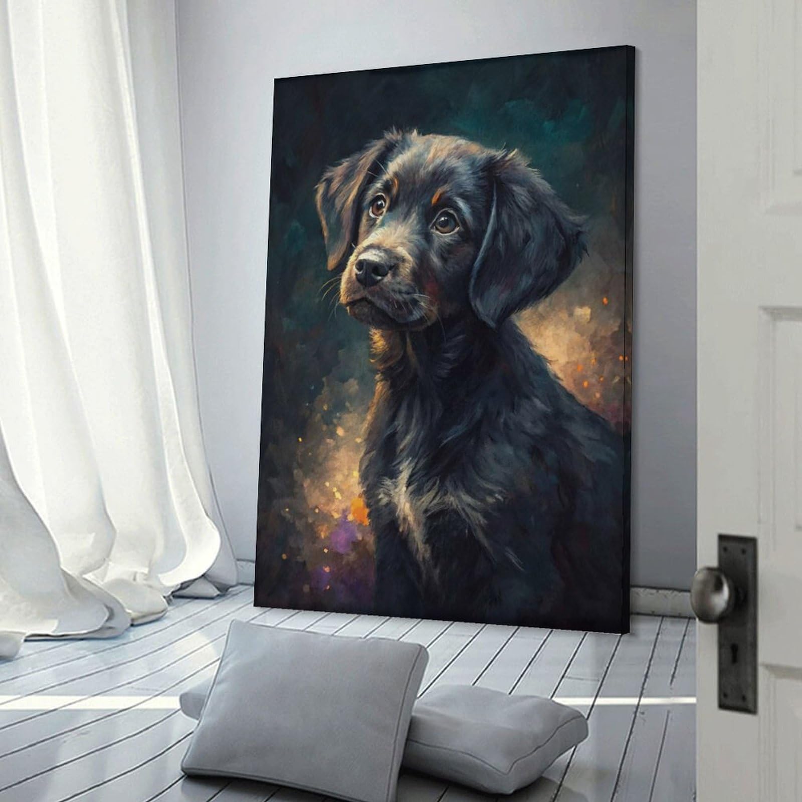 Junmoney Painting of A Black Puppy Wall Art Print, 12x18inch(30x45cm), for Office, Study Or Home Workspace, Decorative Artwork for Productive Spaces