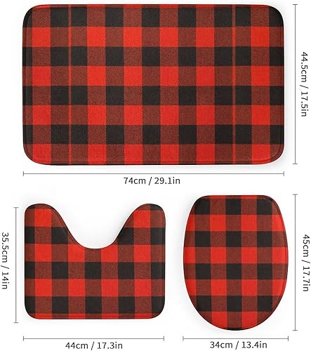 Miniatura 3 de Juego de 4 alfombrillas de baño, cortina de ducha a cuadros rojos y negros con tapetes de baño antideslizantes para baño