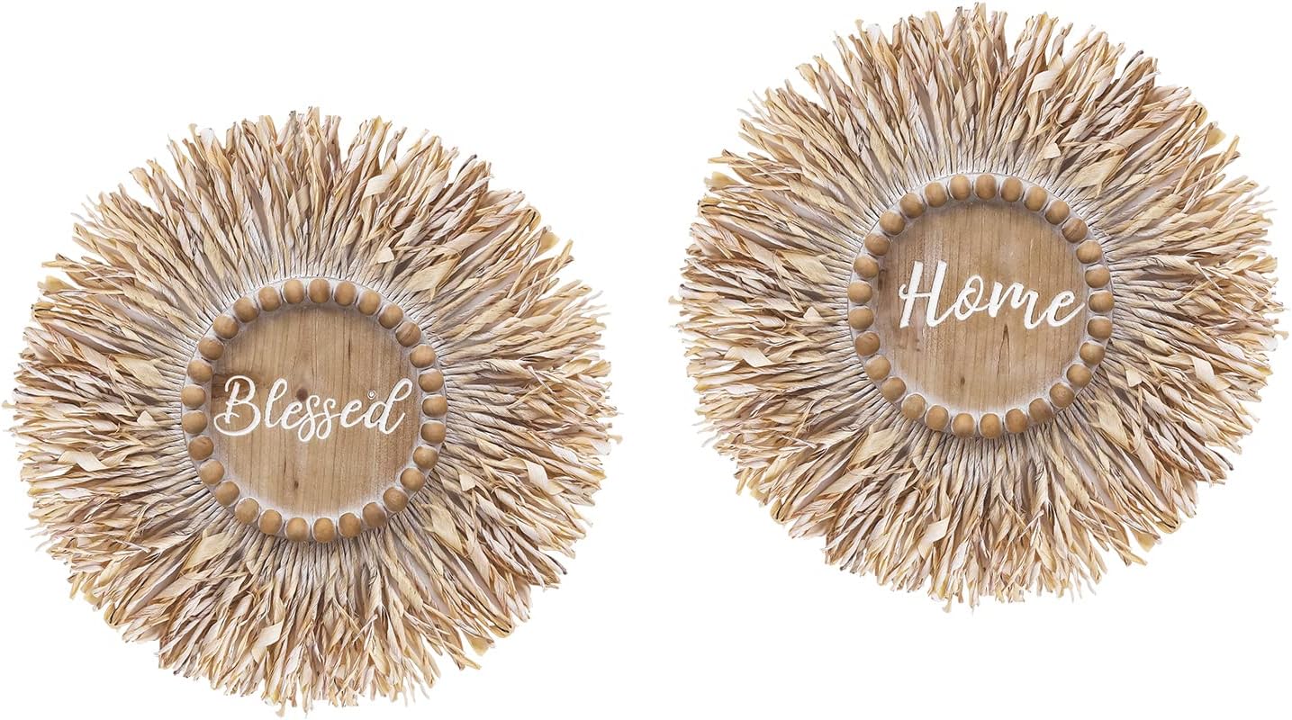 Asense 2 Pcs Rustic Wood Wall Hanging Sculptures Decor with Home & Blessed Sign, 18 Inch Round Farmhouse Wall Hangings Art Boho Decor for Home Living Room Bedroom