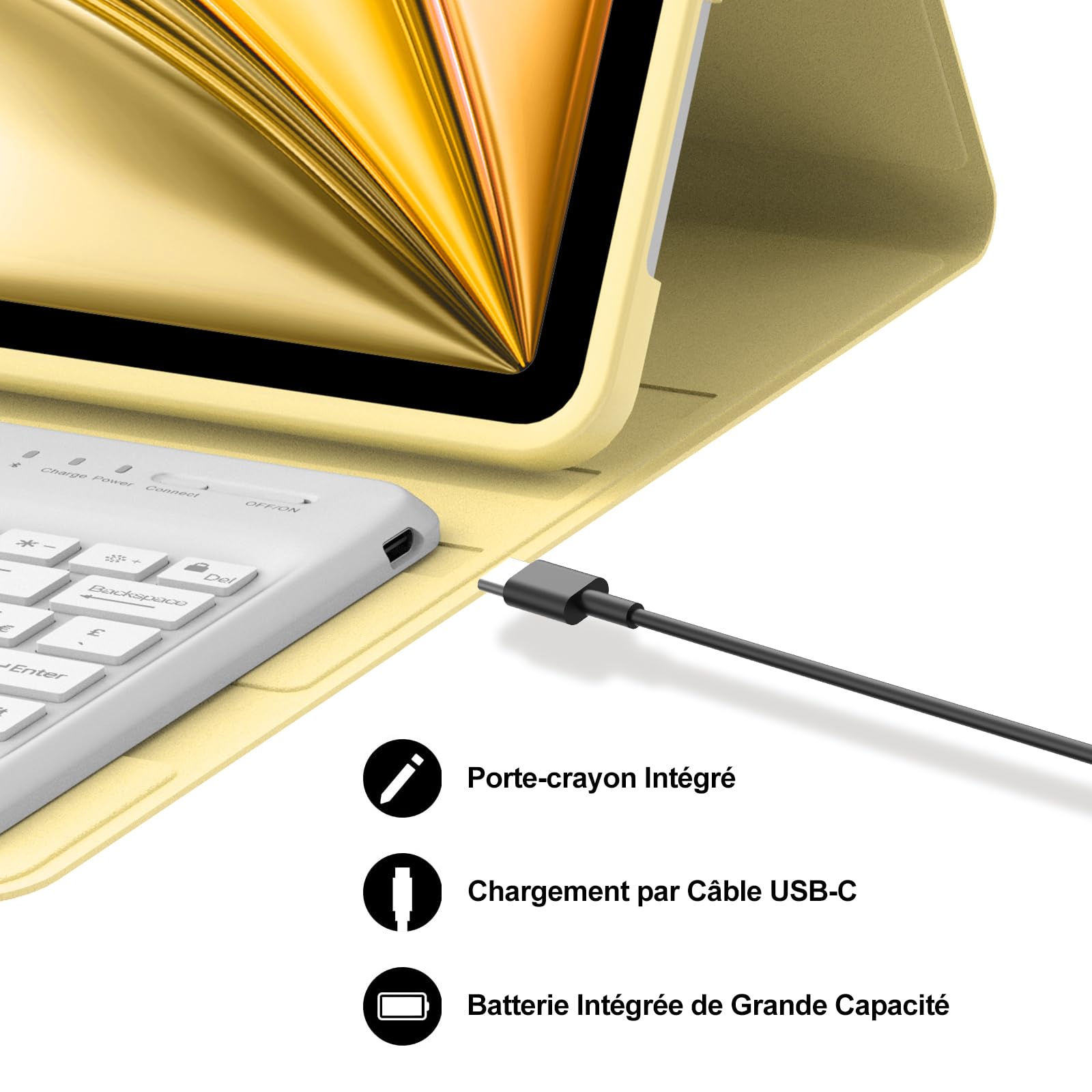 Coque Clavier pour iPad Air 13 Pouces(M4 2026, M3 2025, M2 2024) et iPad Pro 12.9 Pouces(6e/5e/4e/3e Gén), AZERTY Français Housse Clavier Bluetooth Magnétique Détachable avec Porte Crayon, Jaune Clair