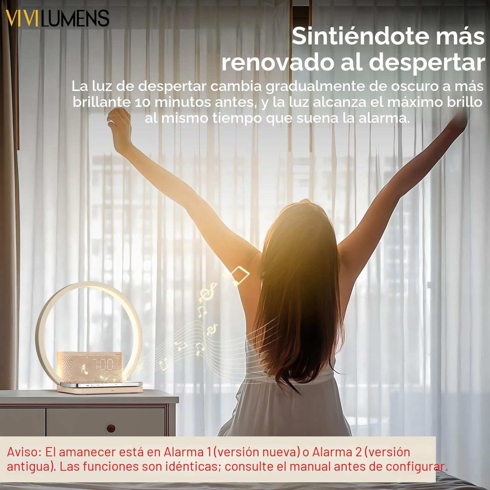 Vivilumens Sunrise - Despertador con cargador inalámbrico, máquina de sonido de ruido blanco con 10 sonidos, despertador con temporizador de 30/60/90 minutos, luz nocturna táctil de 3 niveles, relojes