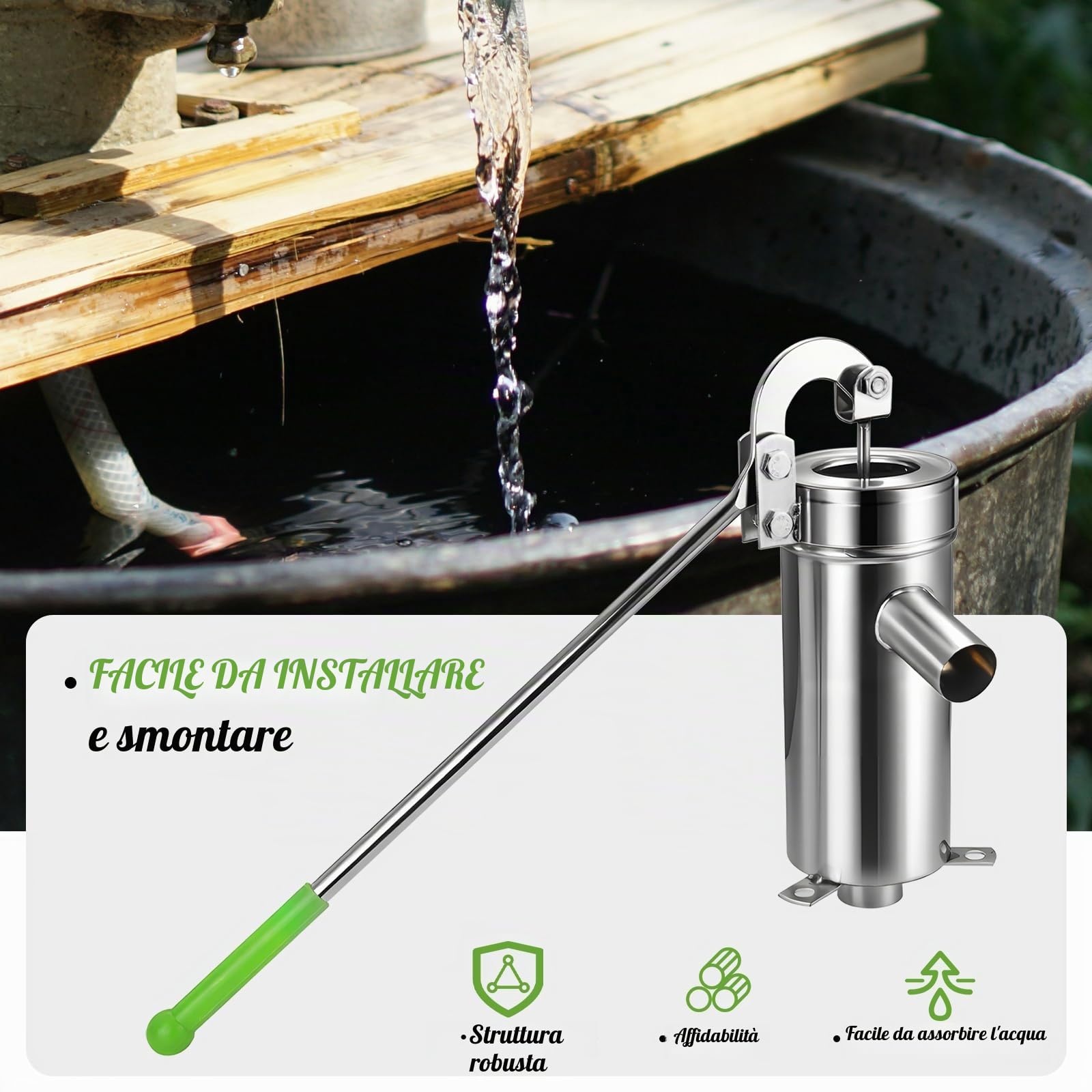 Pompa a braccio manuale moderna in acciaio inox, per giardino, acque sotterranee fino a 10 m, colore: argento