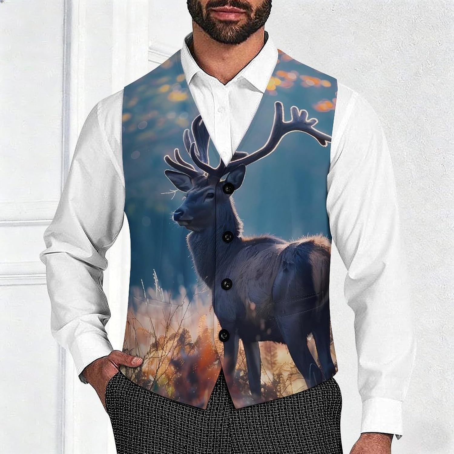 Deer Forests Men's Suit Vest Formal Vests Casual Dress Fit Waistcoat Casual Tuxedo for Business
