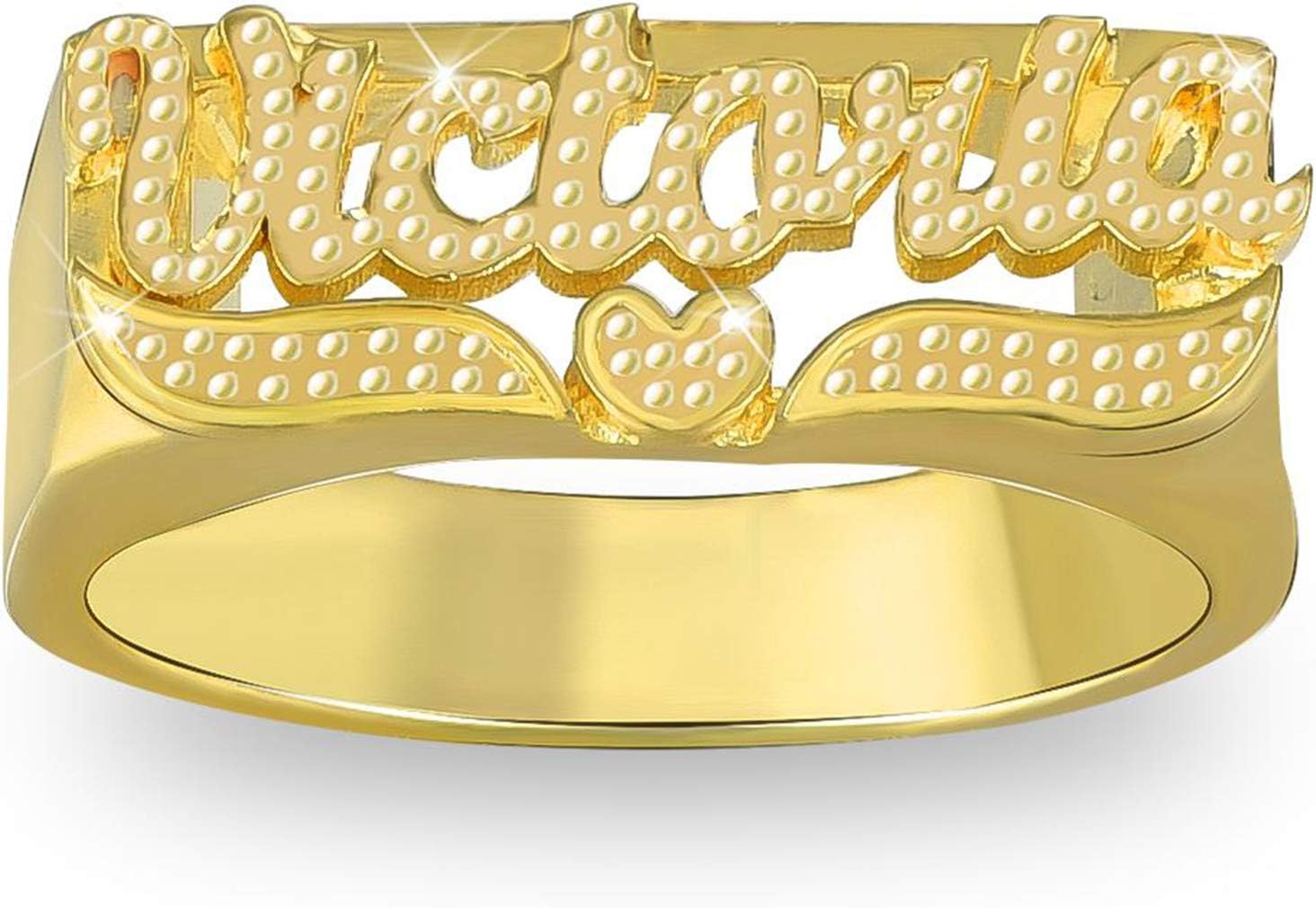 BlingSparkle Personalized Name Ring - Unisex Letter Initial With Heart Custom Gold-Plated Copper Nameplate for Women Girls