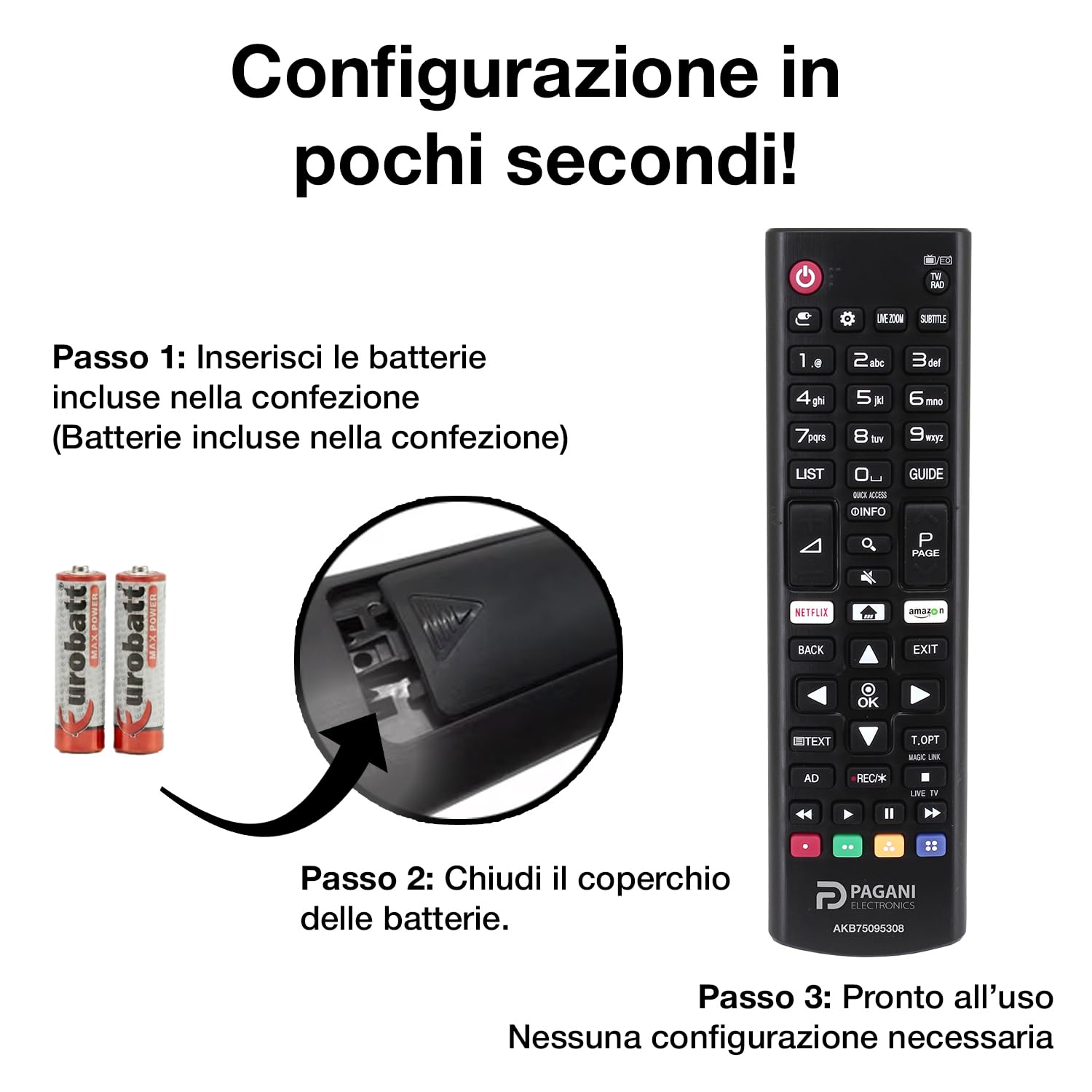 Telecomando Universale LG AKB75095308 Compatibile con TV LG Smart TV, LED, LCD, OLED, UHD, 4K, HD, WebOS, Nessuna Configurazione, Batterie Incluse, Azienda Italiana, Testato in Italia
