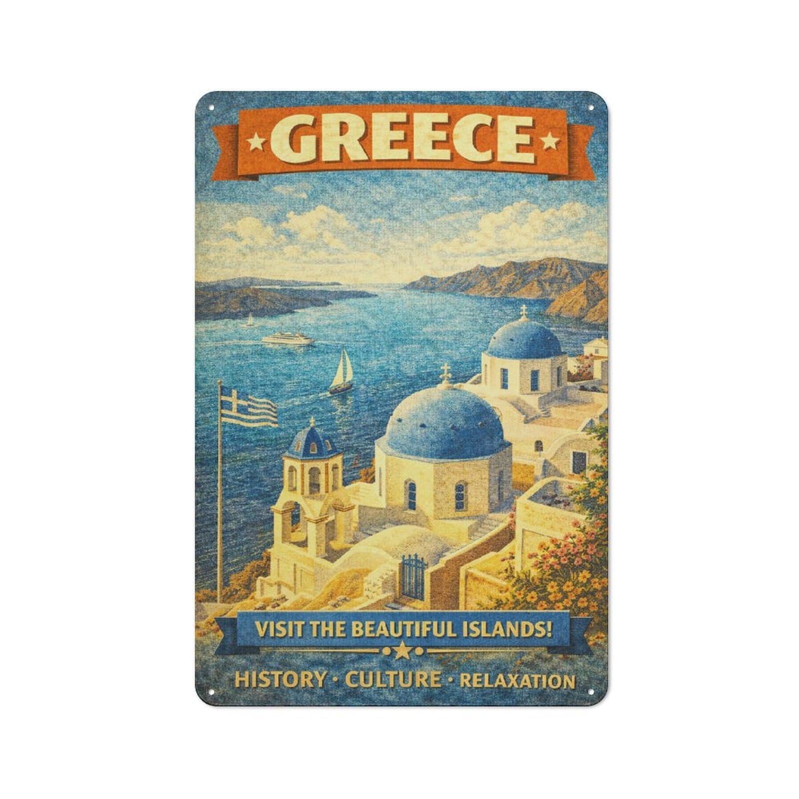Junmoney Style-9 Vintage Greece Travel (2) Vintage Tin Sign 30X20cm For Café Or Restaurant, Suited To Café Owners And Decorators