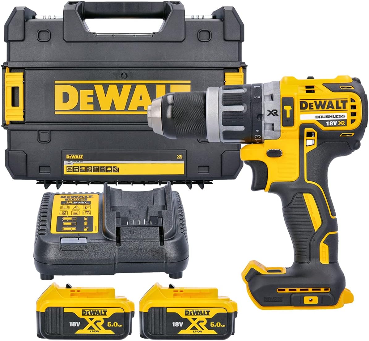 DCD796P2 XR Brushless Combi Drill with 2 x 5.0 Ah Lithium-Ion Battery Packs, 18 V, Yellow/Black, Set of 7 Piece