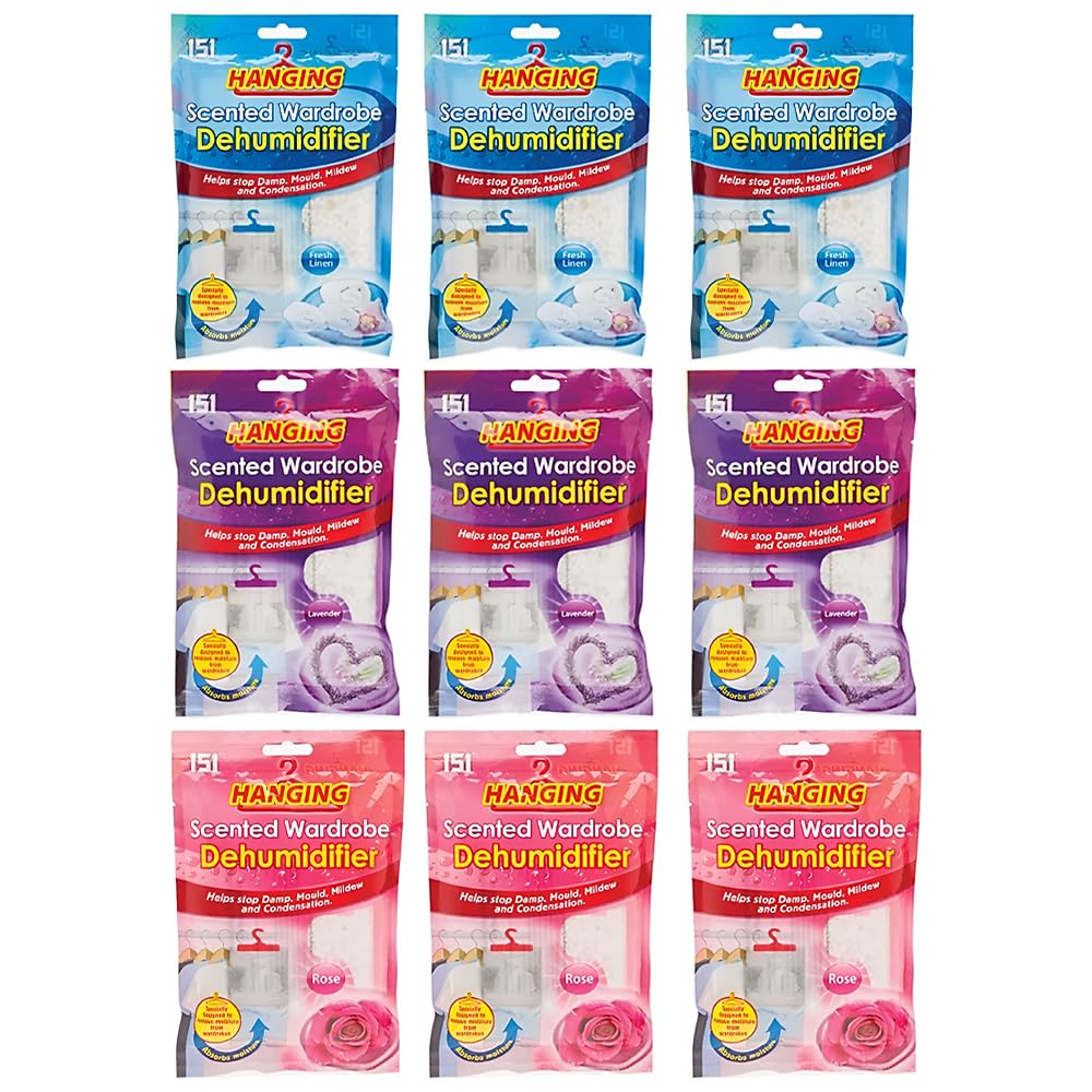 VR Angle Set Of 9 Scented Hanging Wardrobe Dehumidifiers | Available in Lavender, Fresh Linen & Rose Scents Flavors | Keep Clothes Fresh & Dry Everyday