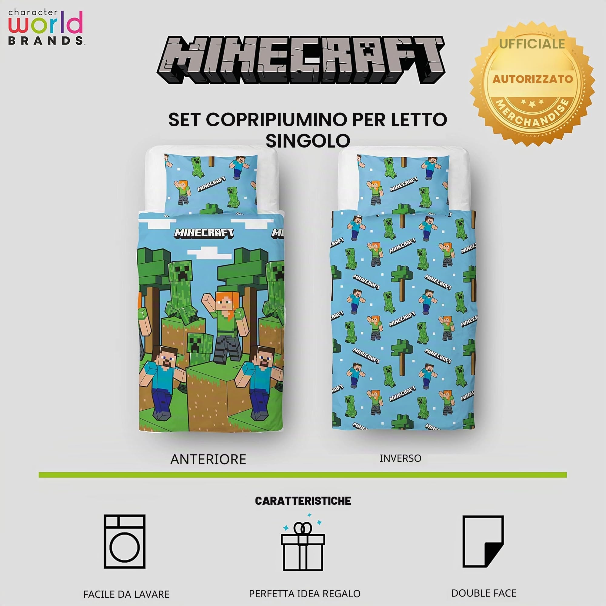 Minecraft Set copripiumino singolo ufficiale, design epico, reversibile, blu su 2 lati, prodotto ufficiale, con federa coordinata