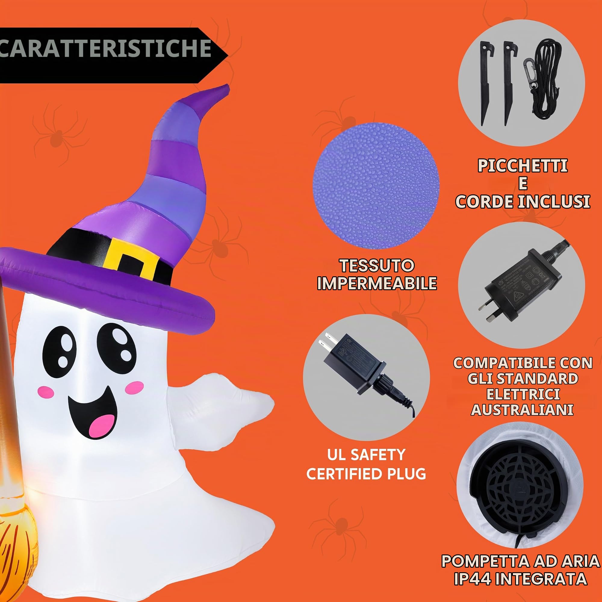 JOYIN Decorazioni gonfiabili per esterni con fantasma alto 1,8 m, con simpatico fantasma che tiene scopa con LED, decorazioni per Halloween, esterni, cortile, giardino, prato, decorazione per feste