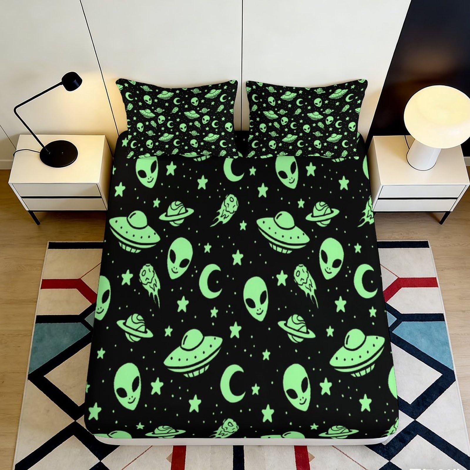 Pnayamiorkfel Style-8 3D Printed Alien Ufo Fitted Sheet Microfiber Breathable Glow In Dark Mattress Cover For Bedroom Dorm Decor Protection 90X200x25cm