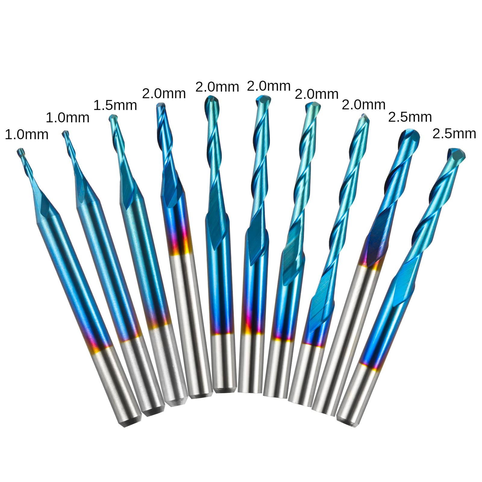 Genmitsu 10 Stück 2-flöte Nano Blue Coat Kugelnase Spiralfräser, 1/8 Zoll Schaft, 0,8 mm - 2,5 mm Schnittdurchmesser, CNC-Frässtifte für Holzbearbeitung, Acryl, MDF, PVC, ABS, BN10A