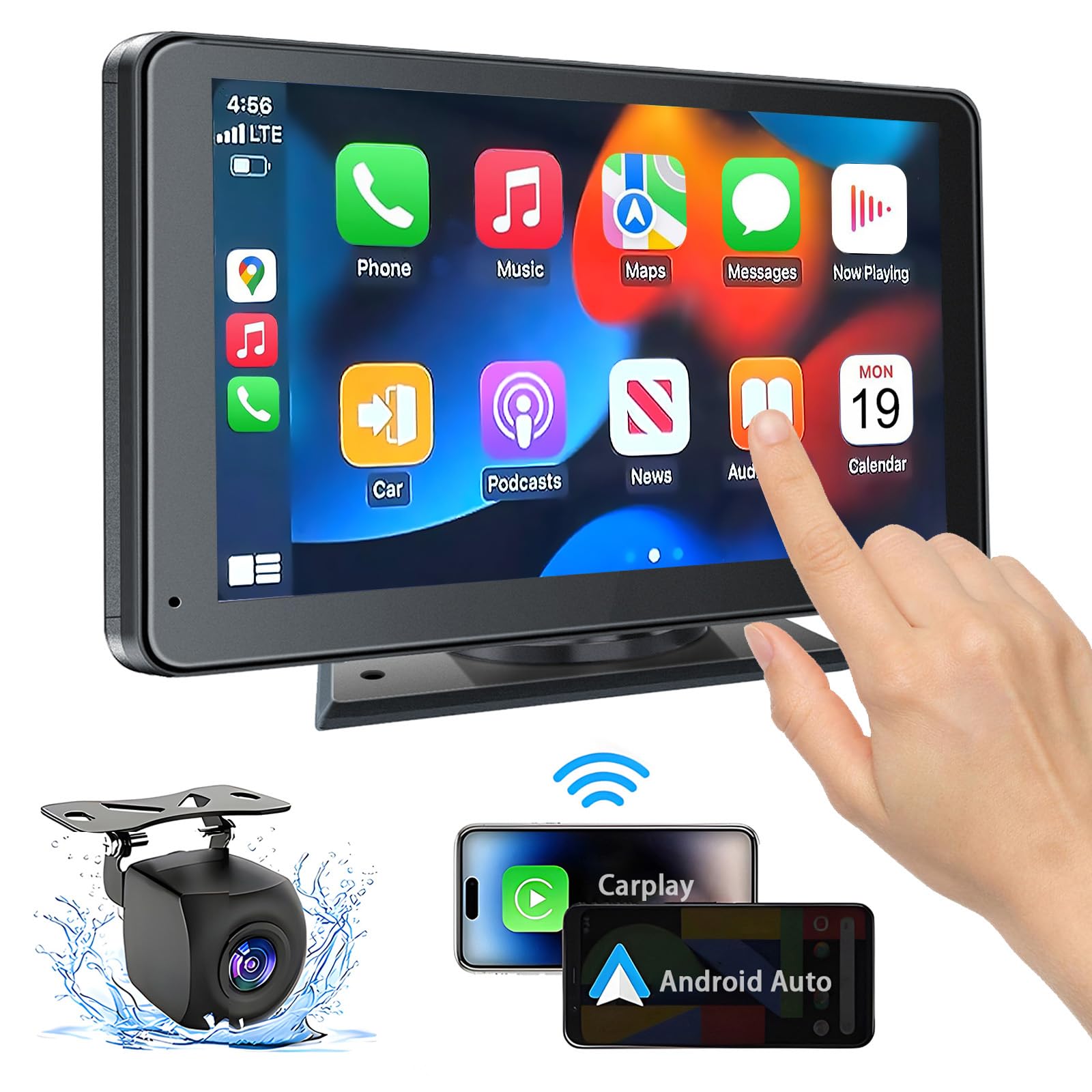 Portable Wireless with Apple CarPlay and Android Auto Screen for Car, 7" HD Touch Screen Car Stereo with Mirror Link, Bluetooth 5.2, Backup Camera, AUX,FM Transmitter for All Vehicle