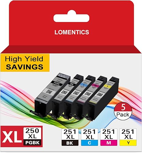 Cartucho de tinta PGI-250XL CLI-251XL (PGBK/BK/C/M/Y, 5 unidades) – Lometic compatible con cartuchos de tinta Canon 250 y 251 iP7220 iP8720 iX6820