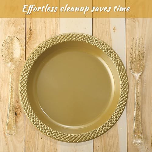 Miniatura 4 de Zopeal 200 platos dorados desechables de plástico redondos de 9 pulgadas, resistentes a granel, paquete de fiesta de boda para postre aperitivo,