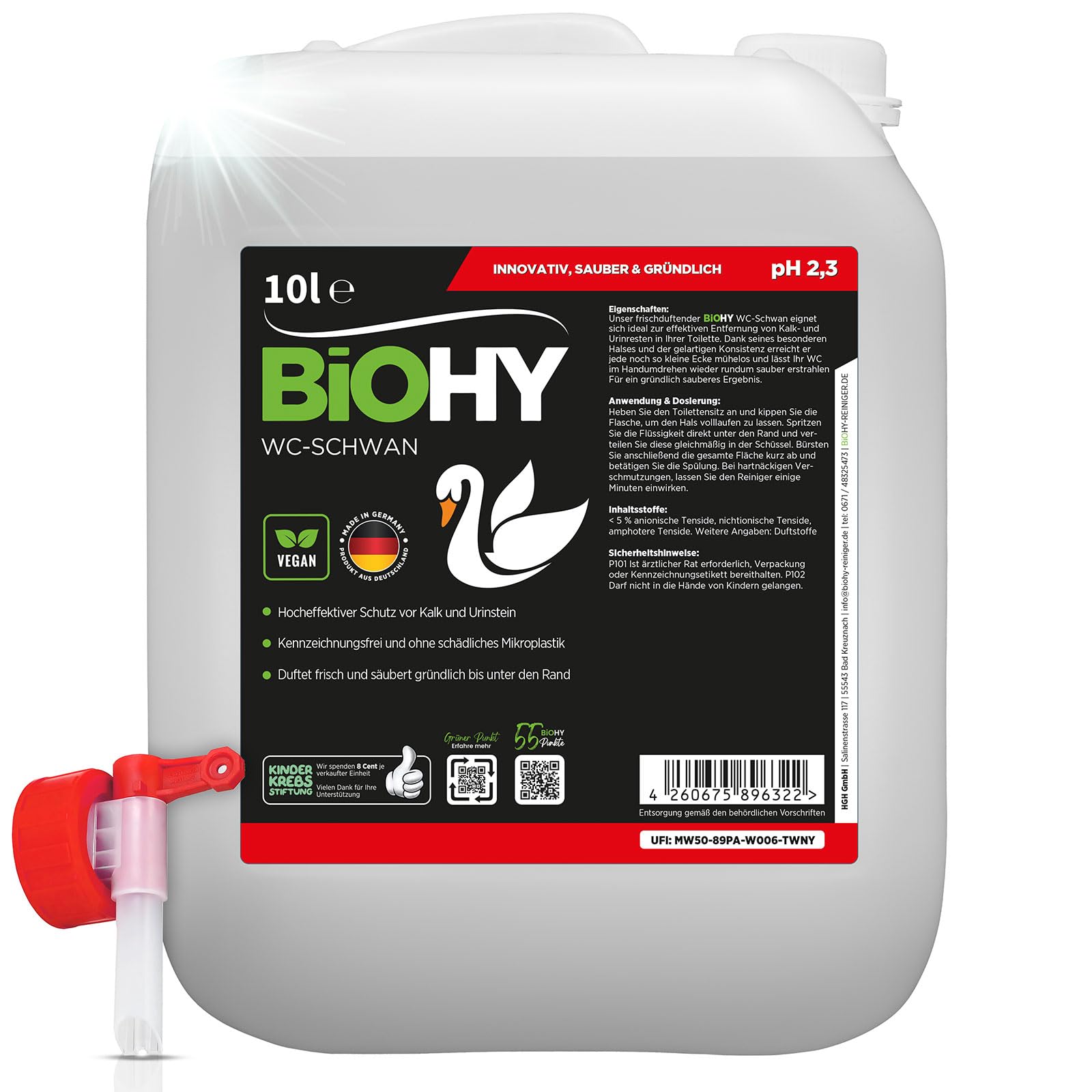 BiOHY WC Cigno (Lattina da 10 Litri) + Rubinetto di scarico | Gloss Power Gel per una pulizia igienica fino al bordo | impedisce la formazione di calcare e incrostazioni di urina (WC-Schwan)