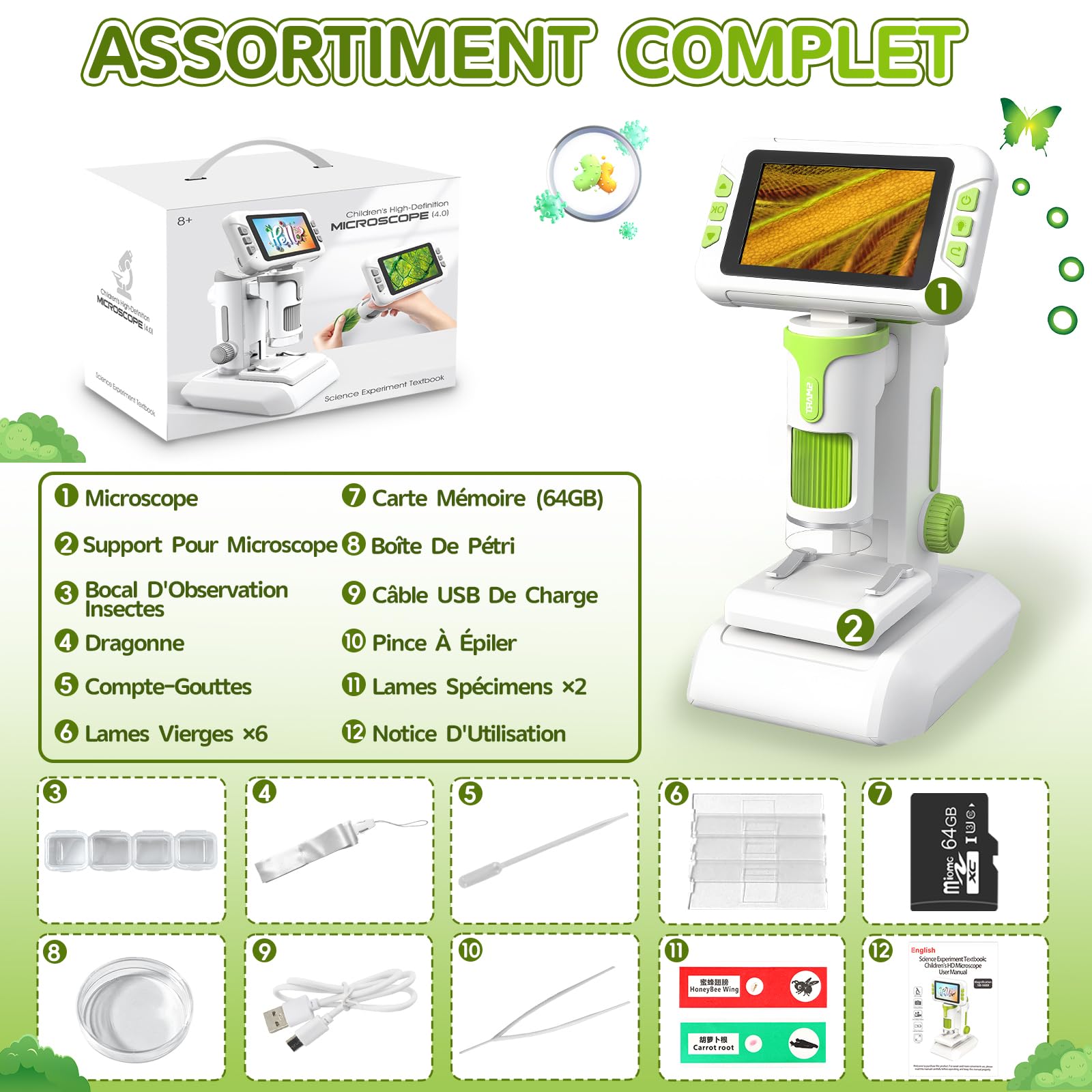 Charmofun Microscope Enfant Portable avec Carte Mémoire 64Go, Écran LCD 4 Pouces, Grossissement 1600X, Prise de Photos et Vidéos