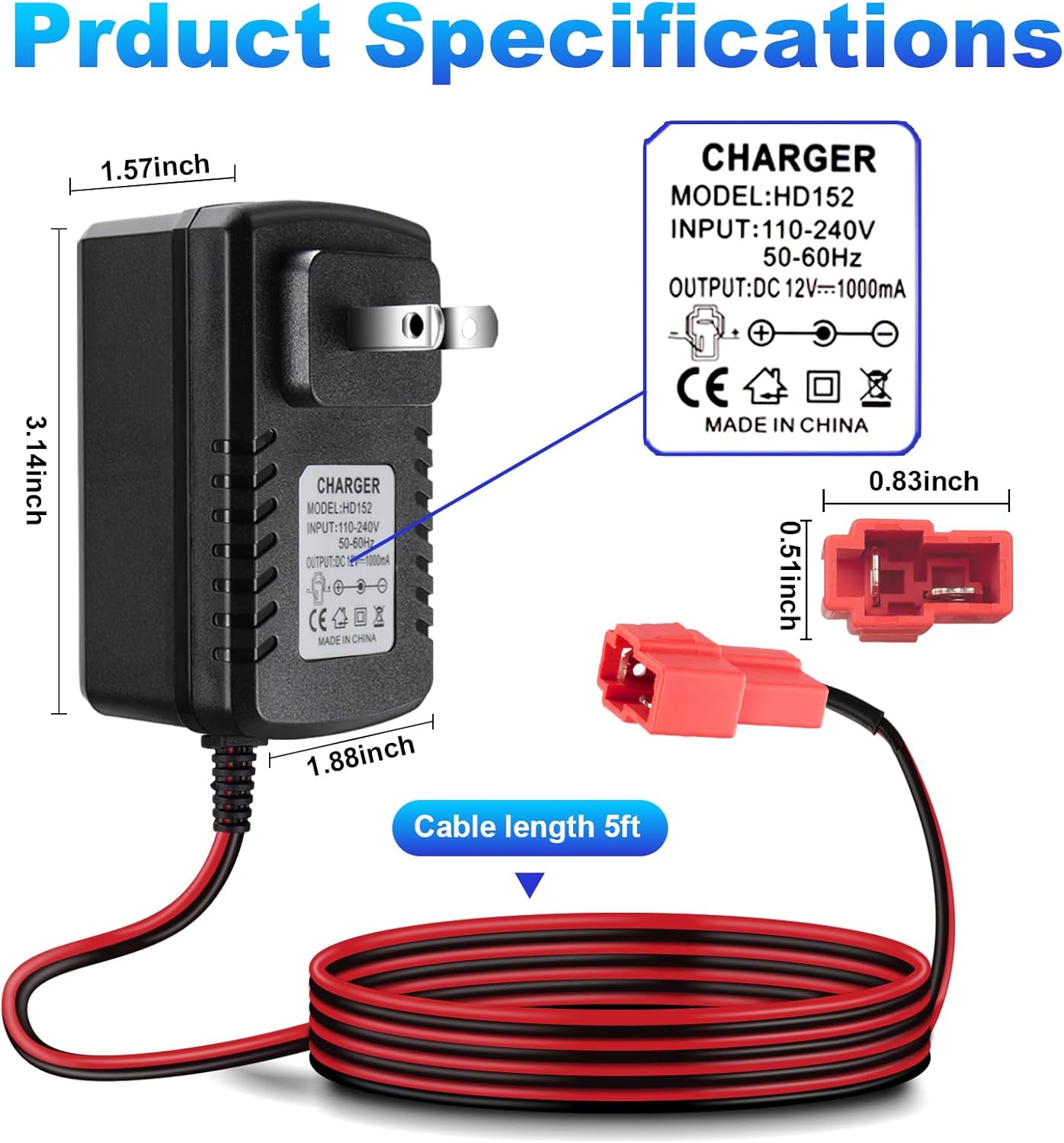 12V Charger for Kids Ride On Toys Cars for Kid TRAX GMC, BMX X6, Kid TRAX GMC, Wal-Mart, Moto ATV Quad, 12 Volt Battery Charger for Kids Ride On Toys with Square Plug