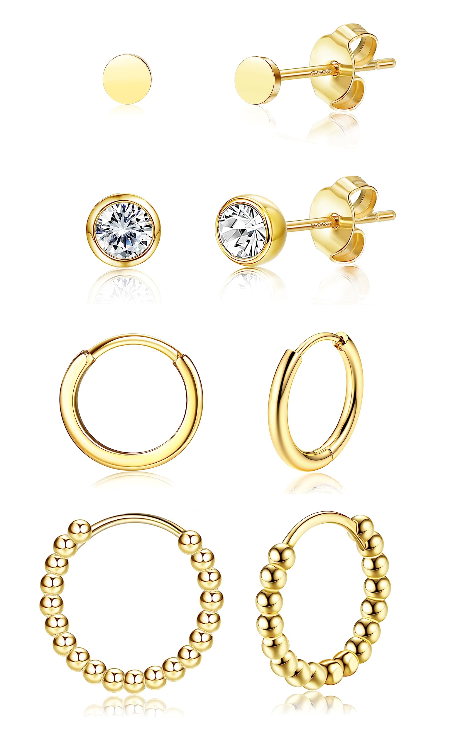 KALVICA4 Pares Pendientes de Plata 925 Pendientes Piercing Oreja Tuercas Pendientes Oro Plata Rosa Dorada Transparente para Mujeres Niñas