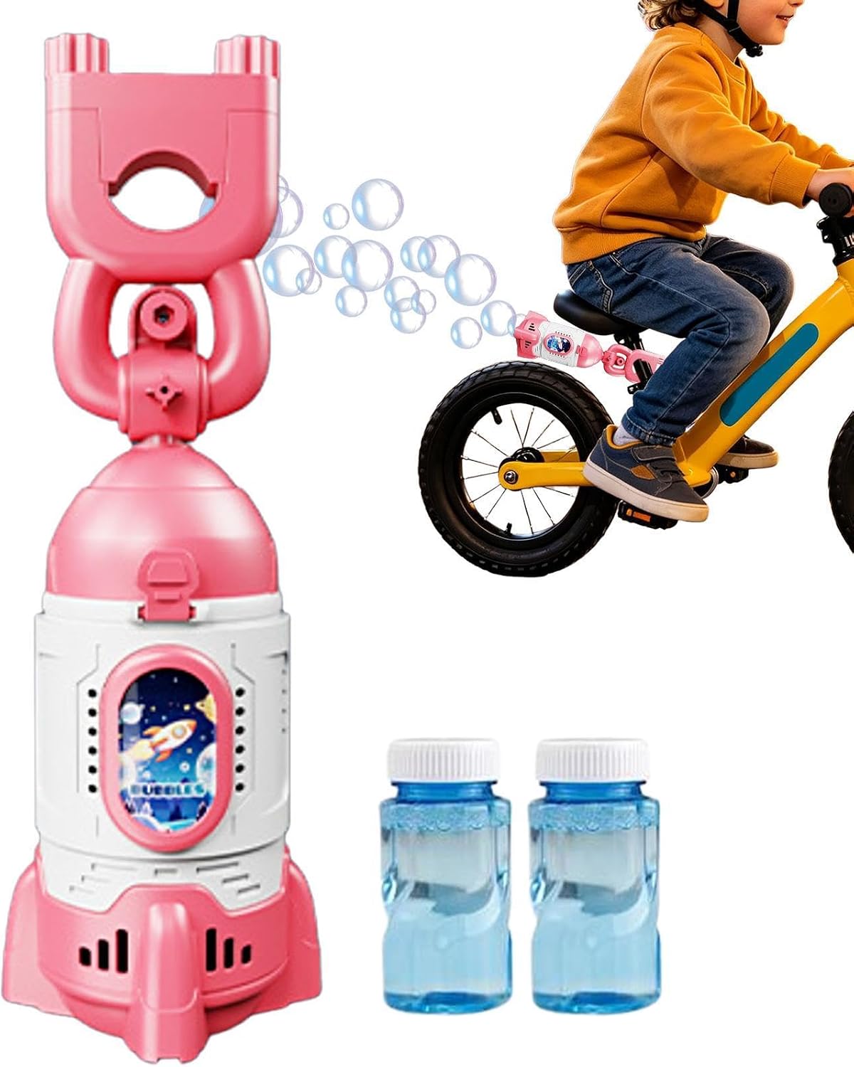 Bubble Machine for Bike, Rocket‑Shape LED Toy, Remote Rechargeable Outdoor