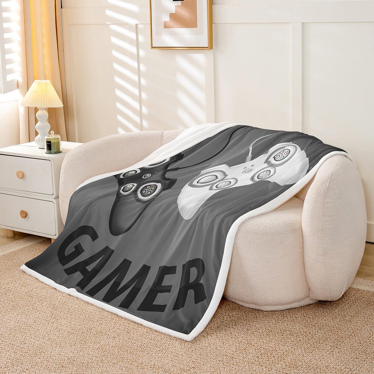 Homewish Gamer Throw Blanket White and Black Gamepad Bed Throws for Kids Boys Teens Video Games Flannel Fleece Blanket for Couch Sofa Cozy Luxury Bed Blankets, Throw Size (50 x 60 Inches)