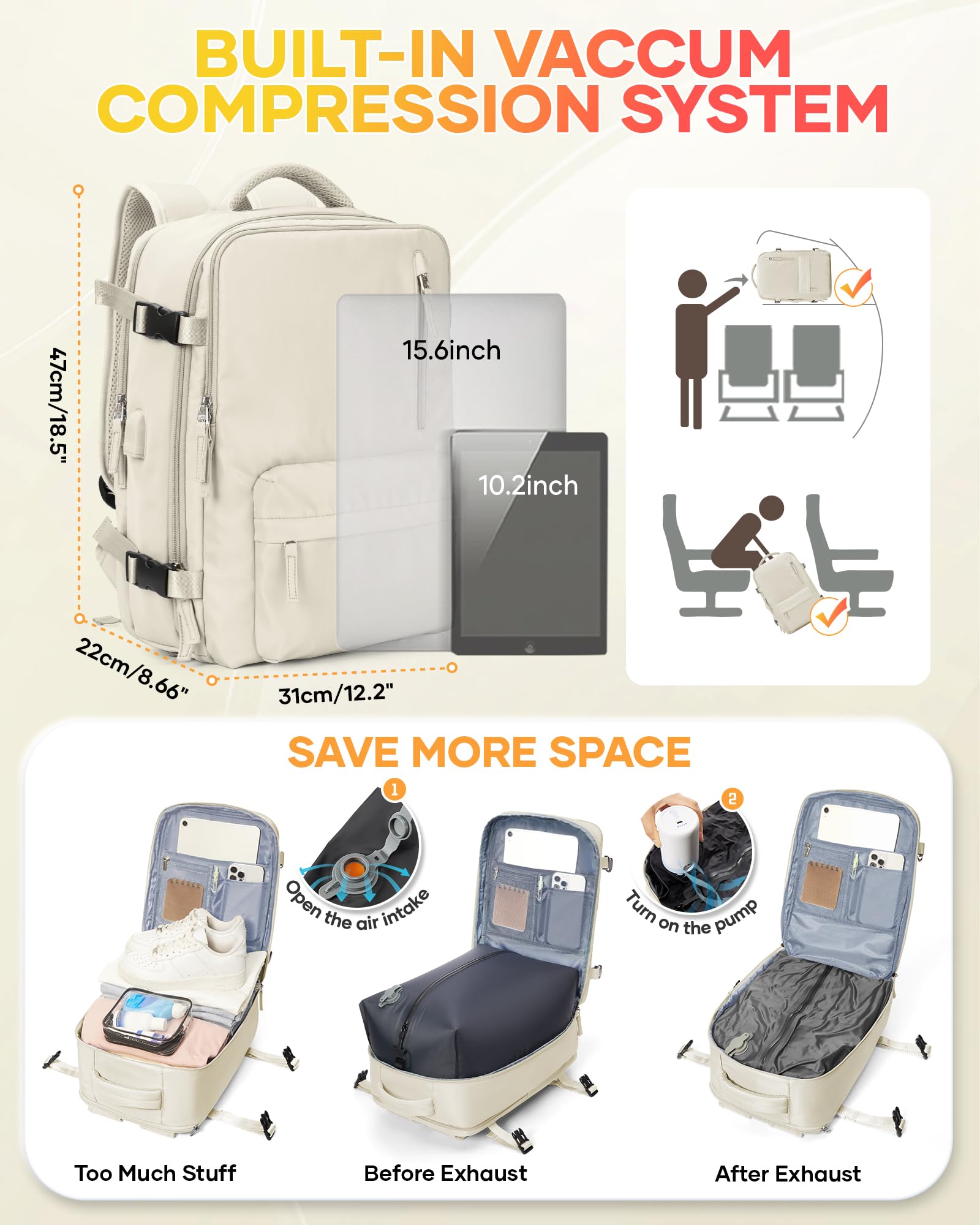 SZLX Zaino Ryanair 40x30x20 Sottovuoto Bagaglio a Mano 40x20x25 Donna Zaino da Viaggio 40x30x20 Wizzair Borse da Cabina per Easyjet 45x36x20 Uomo per Laptop 14 Pollici con Porta USB e Porta Scarpe