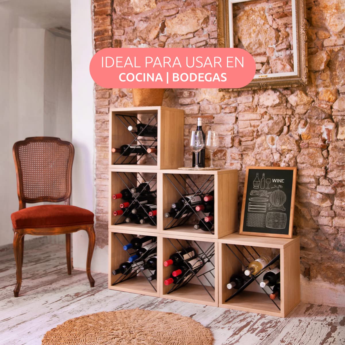 Compactor Cubo de Vino Macon Nature L - Organizador de Botellas, Acabado Natural, 36x30x36,5 cm