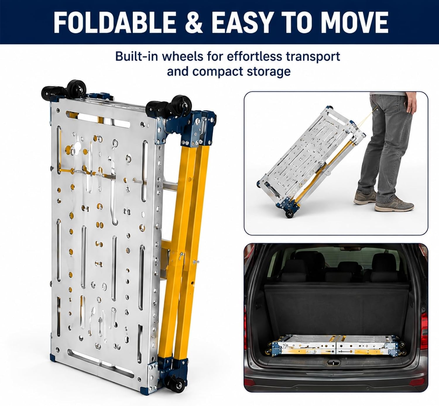 Heavy Duty Work Platform 1100 lbs Capacity, 47"x14" Adjustable Height 24-36 Inch Folding Scaffold Platform with Wheels, Galvanized Steel Non-Slip Work Bench for Garage, Painting