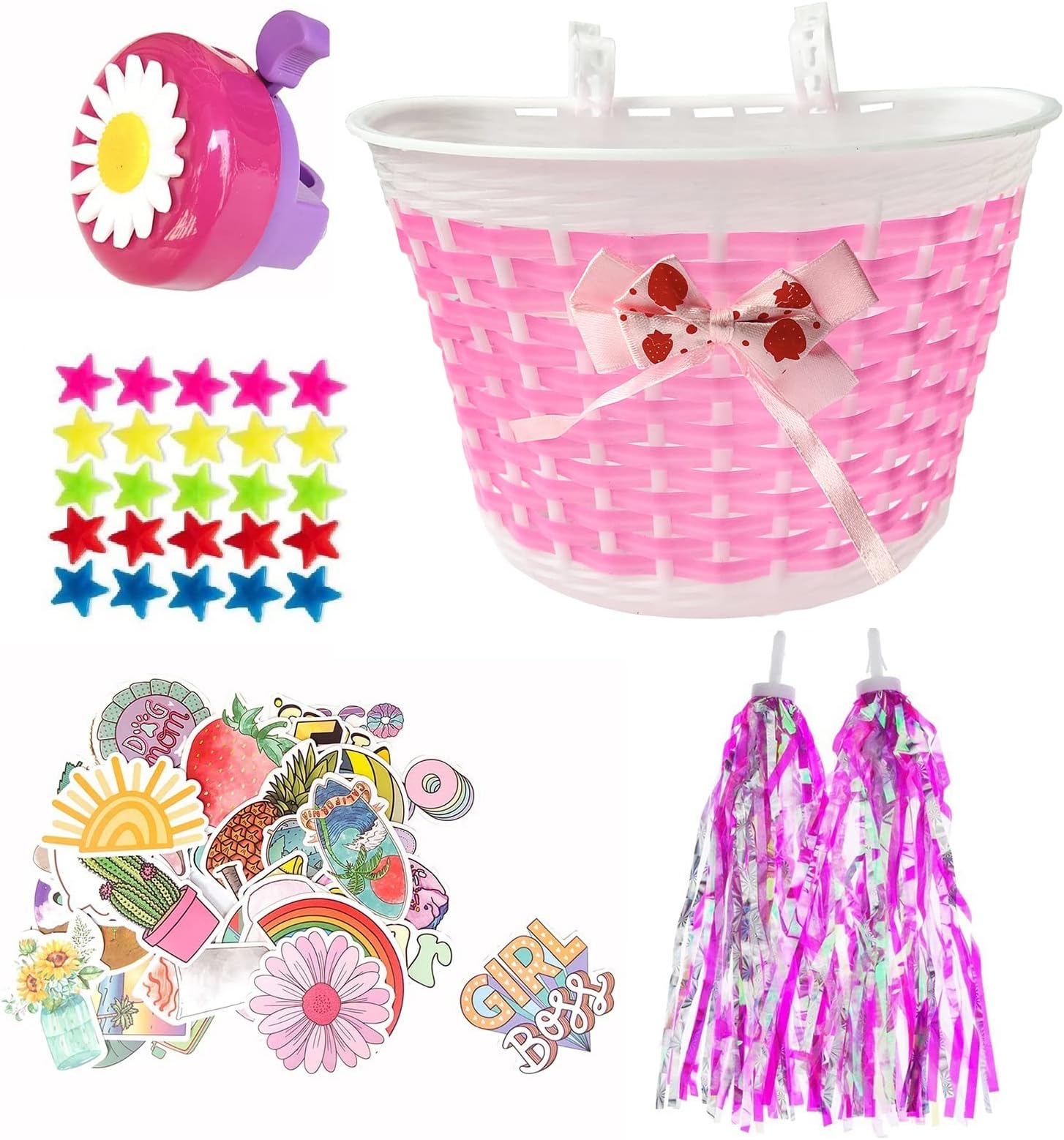 Kids Bike Decorations Accessories,Bicycle Scooter Basket, Children Bicycle Bell,Bike Handle Streamers and Stickers, Bike Star Spoke Decoration Set for Girls Boys