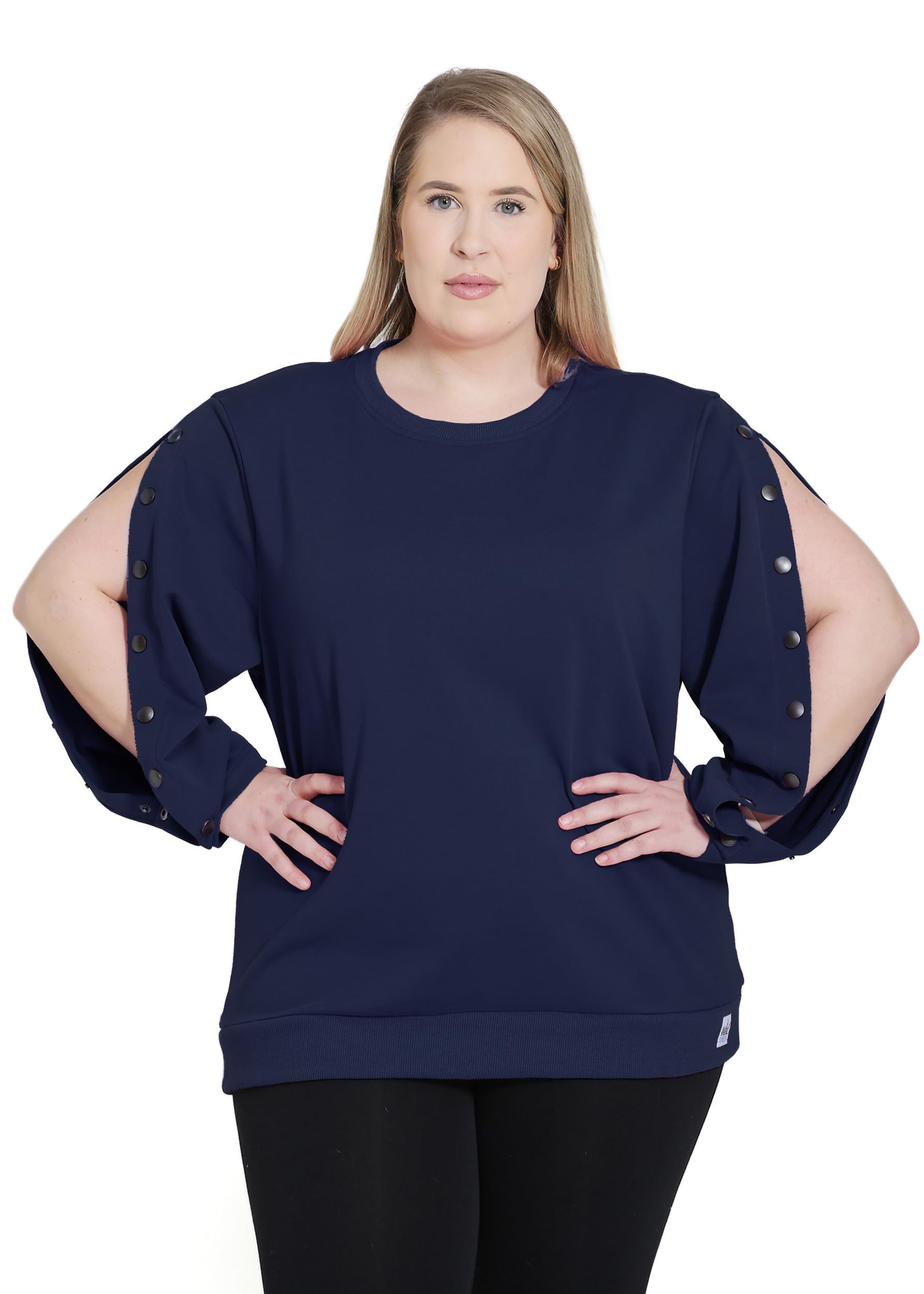 Plus Size Long Sleeve Dialysis Shirts Women's Easy Arm Port Access Best Dialysis Patient Gift (US, Alpha, 2X, Plus, Regular, Navy)