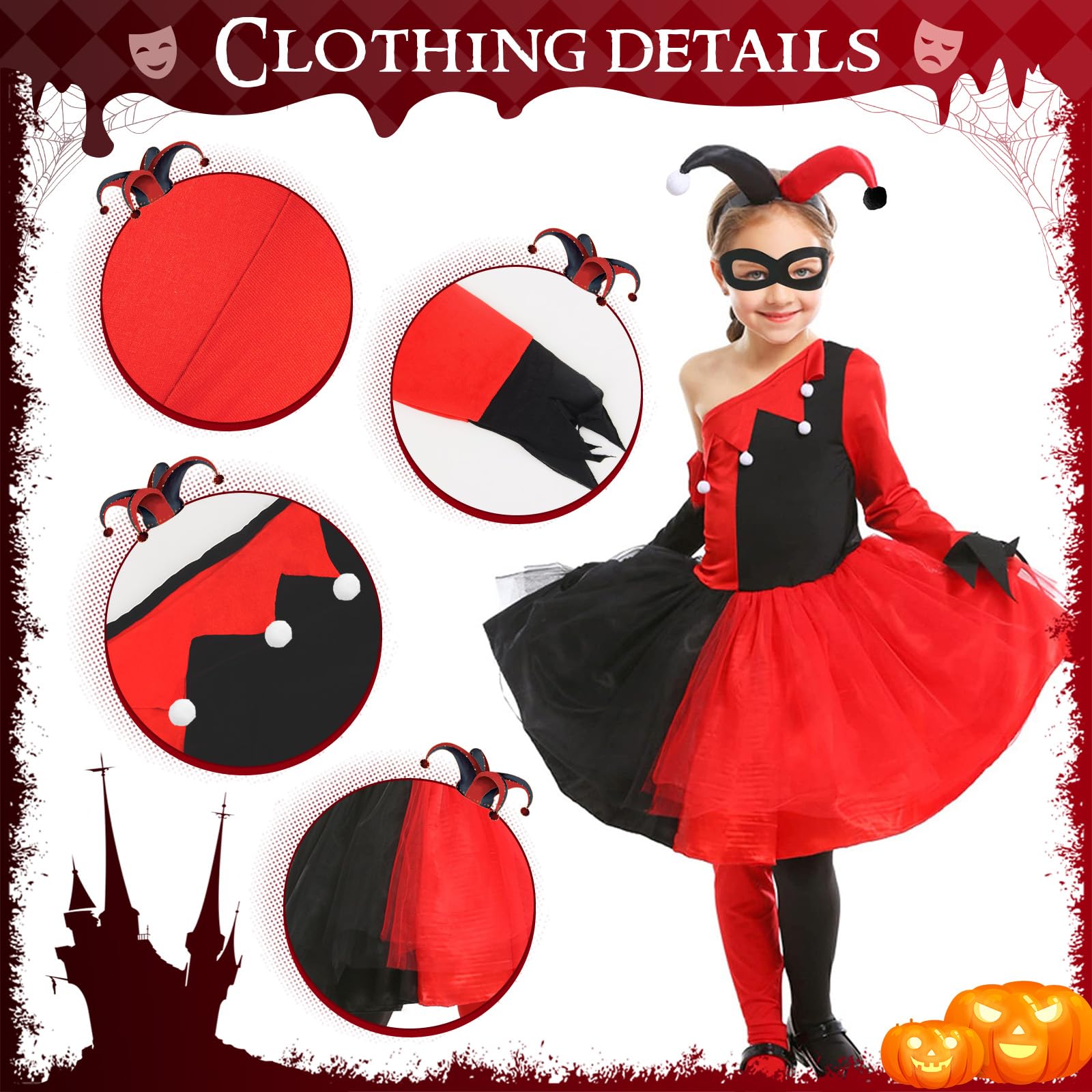 GEEKEO Quinn Costume Bambina, Clown Costume Carnevale Bambina, Vestito Carnevale per Bambini Ragazze 3-12 Anni, Joker Costumi di da Quinn Cosplay Abito per Carnevale, Fancy Dress, Halloween Feste