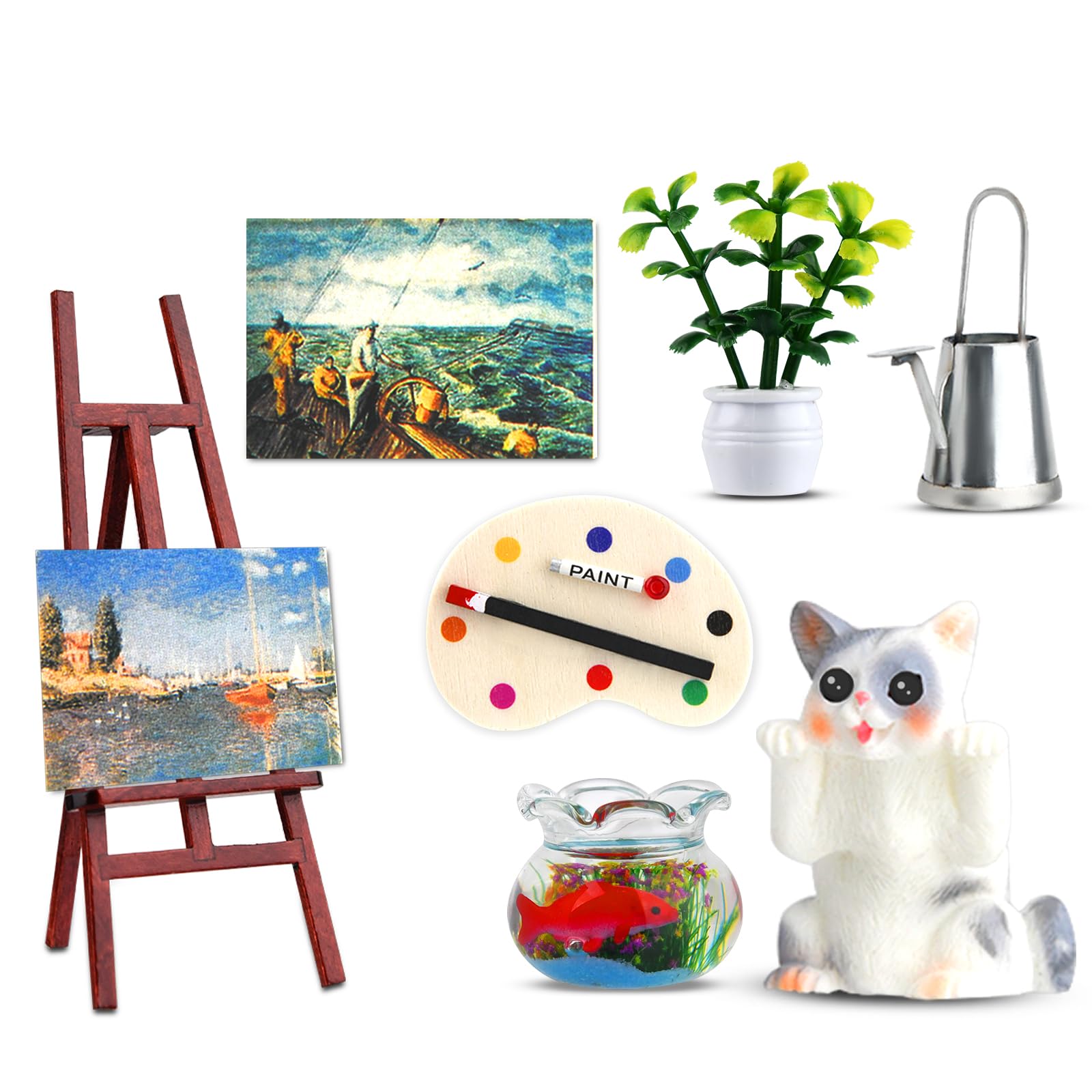 SunwuunGnome Accessories, 8 Pieces 1/12 Gnome Accessories, Christmas, Miniature Christmas Dollhouse Accessories, Miniature Gnome Accessories, Painting Art Set with Easel, Potted Plant, Watering Can