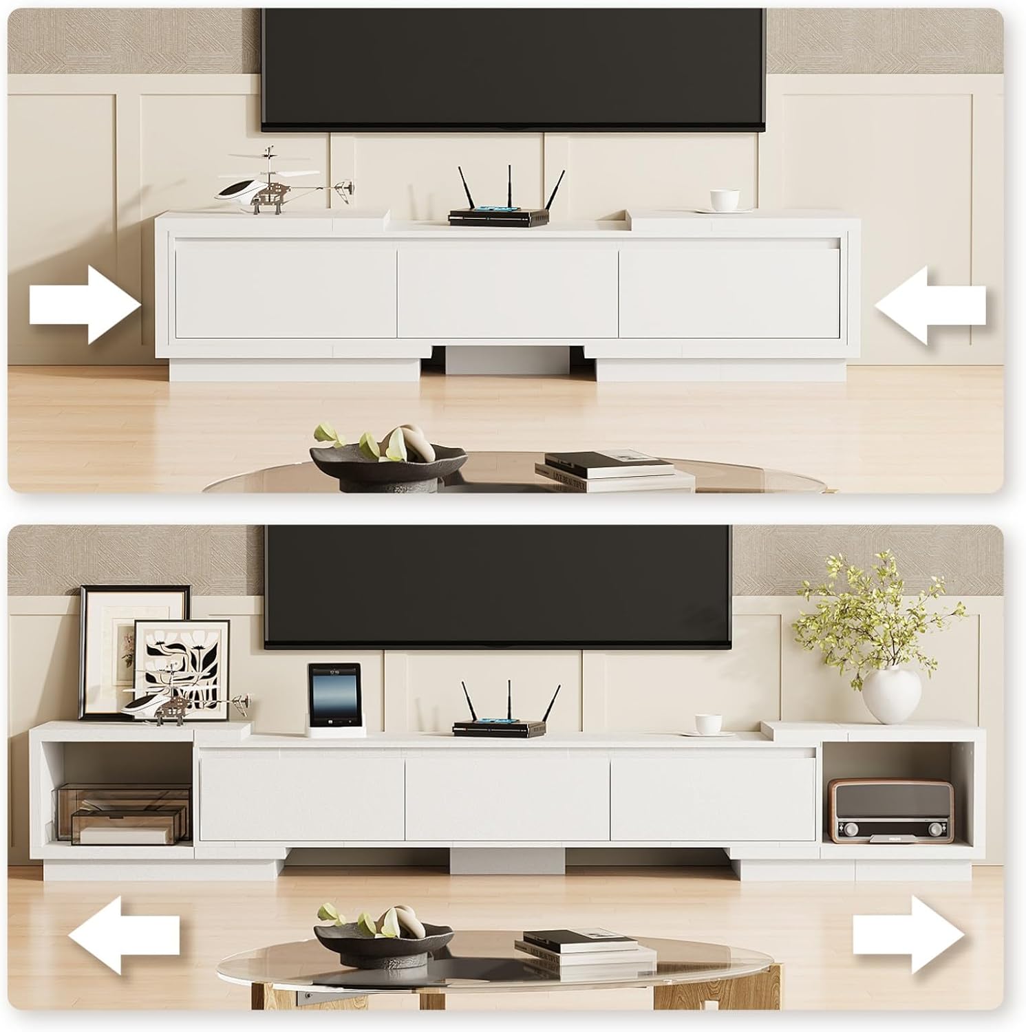 Extendable TV Stand with 3 Drawers, Modern TV Console with Hidden Handles, Contemporary Media Console Table with Open Shelves, White 65.4”-106.3”W x 15.7”D x 15.4”H