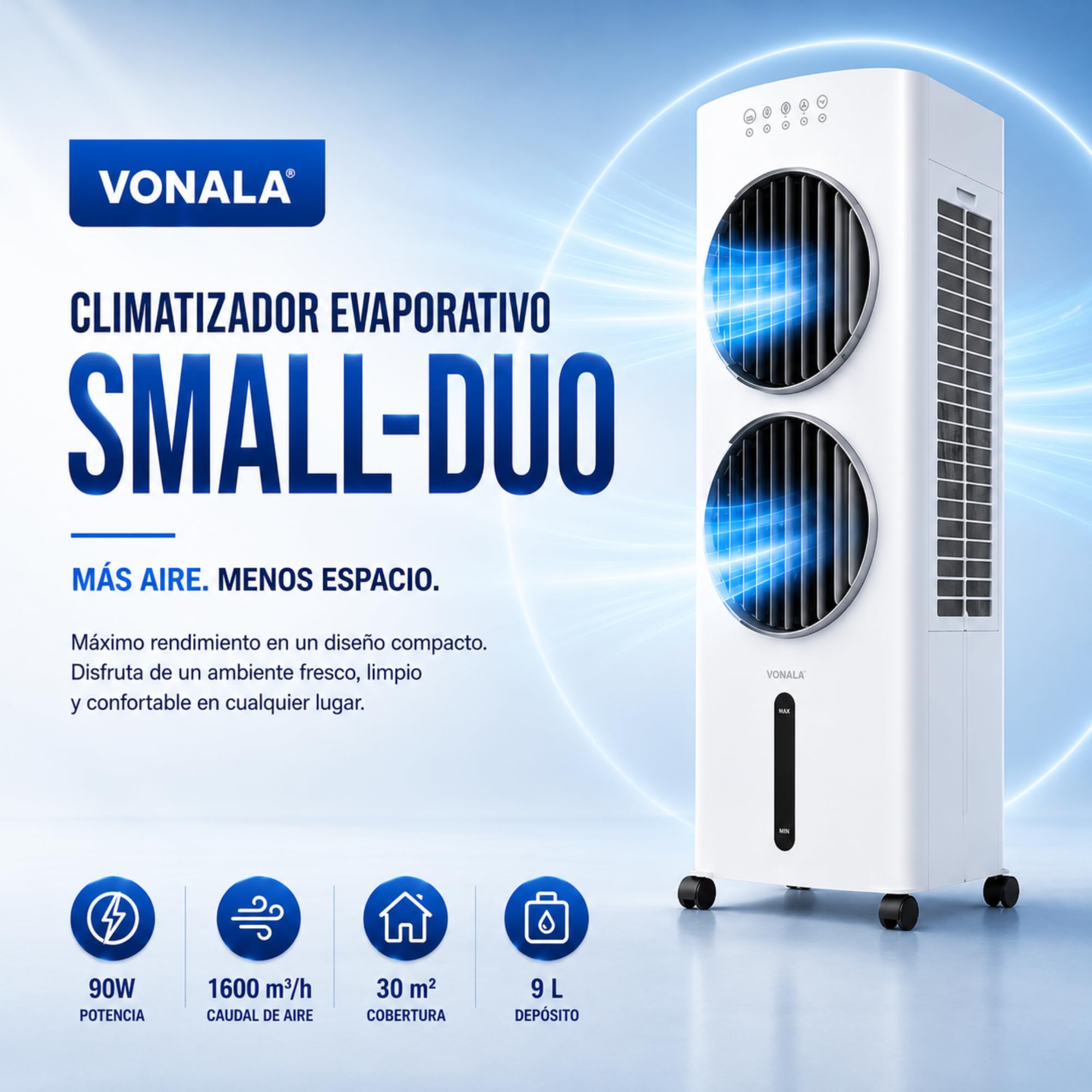 Climatizador Evaporativo VONALA SMALL-DUO – Enfriador de Aire Portátil con Doble Ventilador, Depósito 9L, 5 Velocidades, Mando a Distancia, 90W, Portátil
