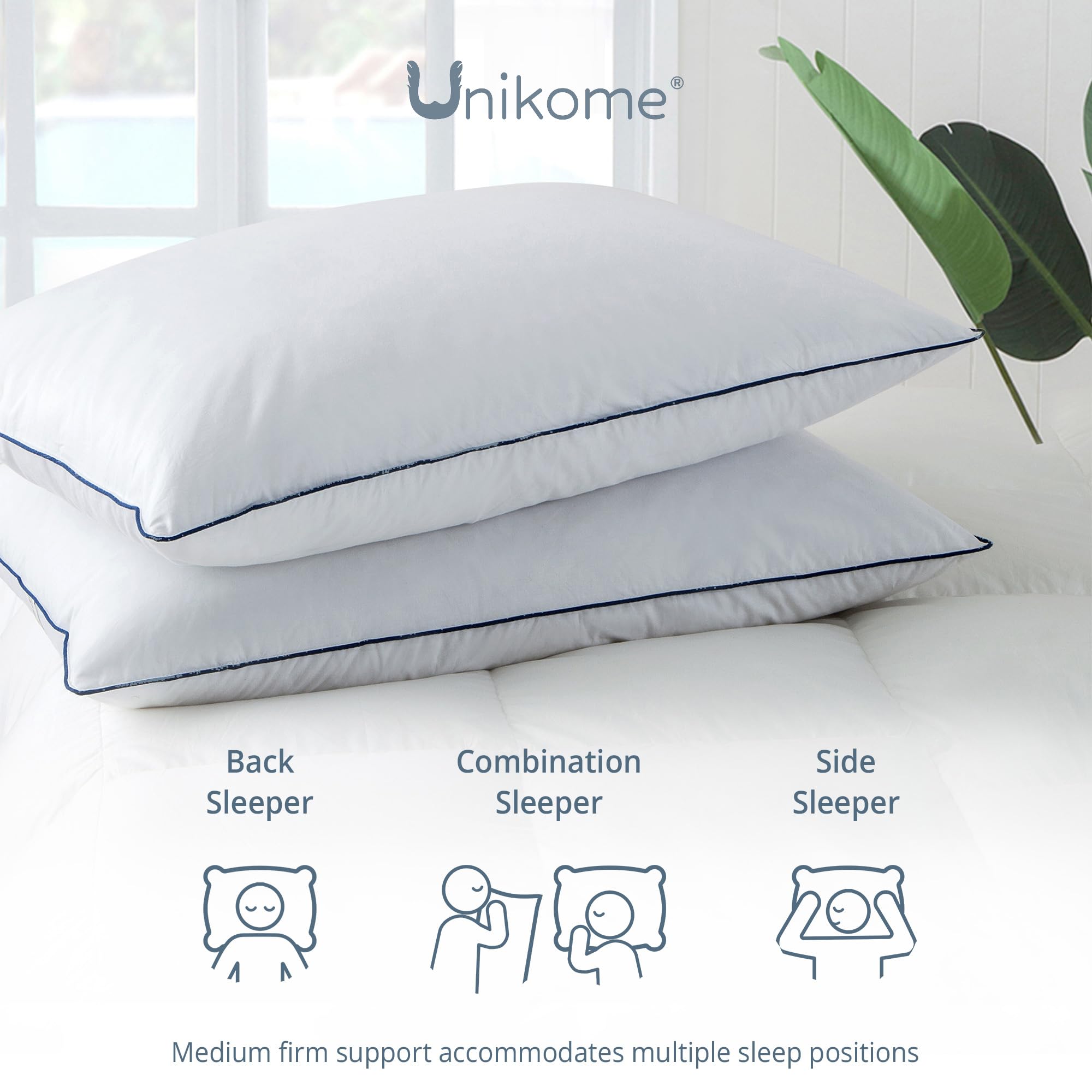 UNIKOME Oreiller en Plumes 40x60cm Set de 2, Luxueux Oreiller en Plumes d'oie, 100% Housse en Coton Bio Collection Hôtel Oreiller de lit, Oeko-TEX | Garnissage en duvet d'oie de qualité supérieure, moelleux, respirant, housse 100 % coton, lavable, certifi