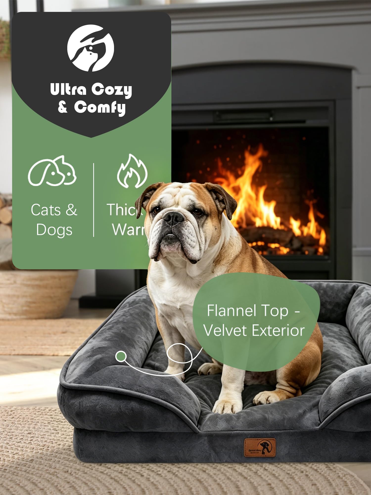 Spotted Play Orthopedic Dog Bed with Sides - Sofa Beds for Large Dogs, Supportive Foam Pet Couch Bed with Washable Removable Cover, Waterproof Lining and Non-Slip Bottom, Dark Grey - L view 2