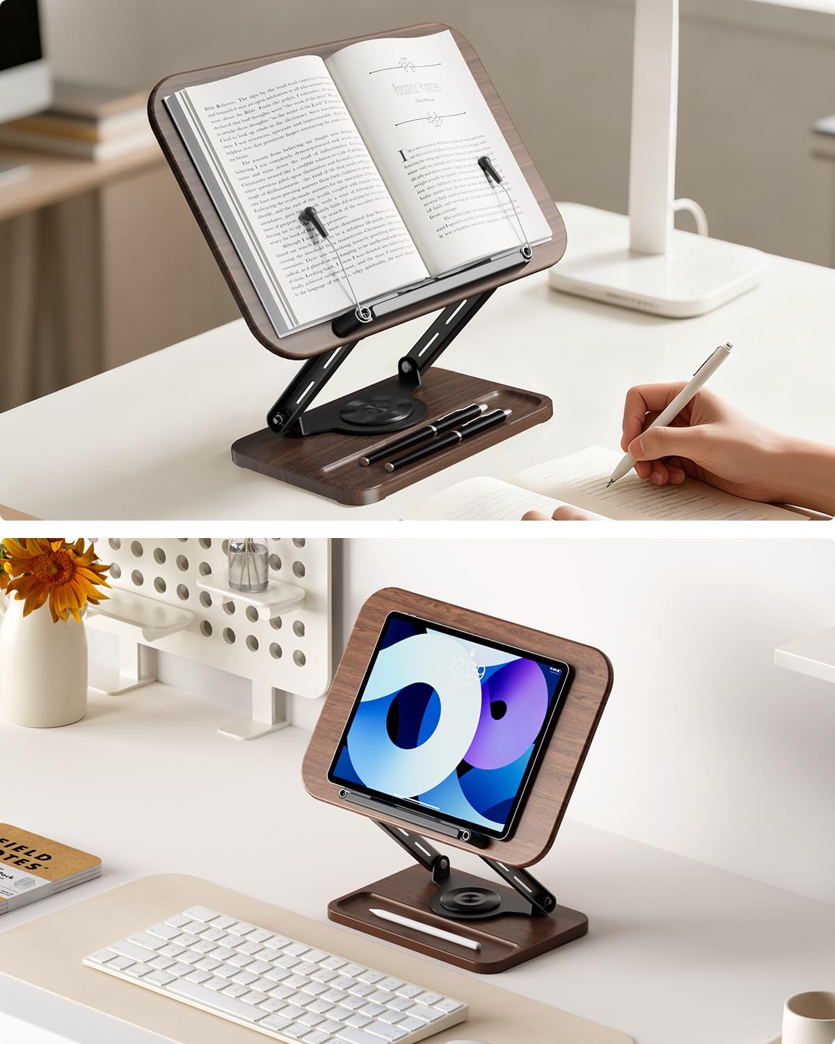 SupeDesk Buchständer zum Lesen, Buchhalter mit 360° drehbarer hölzerner Basis & Stiftschlitz, verstellbarer Holz-Buchhalter Leseständer mit elastischem Kugel-Seitenclip für Zeitschrift,Tablet,Laptop