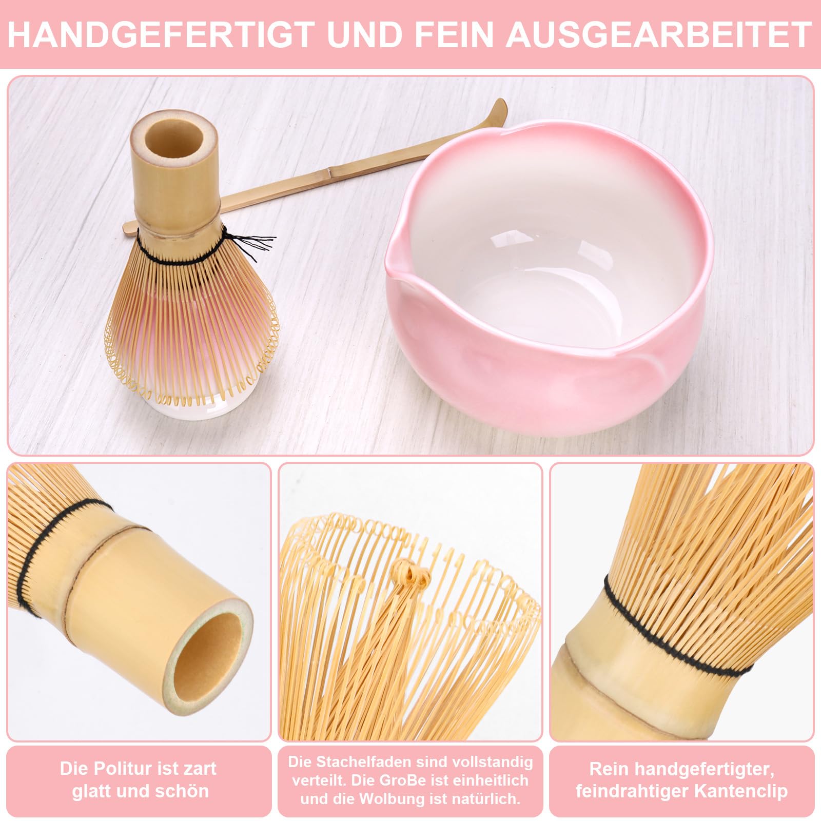 Matcha, set matcha, rosa, a forma di petale, ciotola per matcha, con beccuccio, agitatore e supporto, cucchiaio per matcha, set da tè matcha, set da 4 pezzi, rosa per gli amanti del matcha