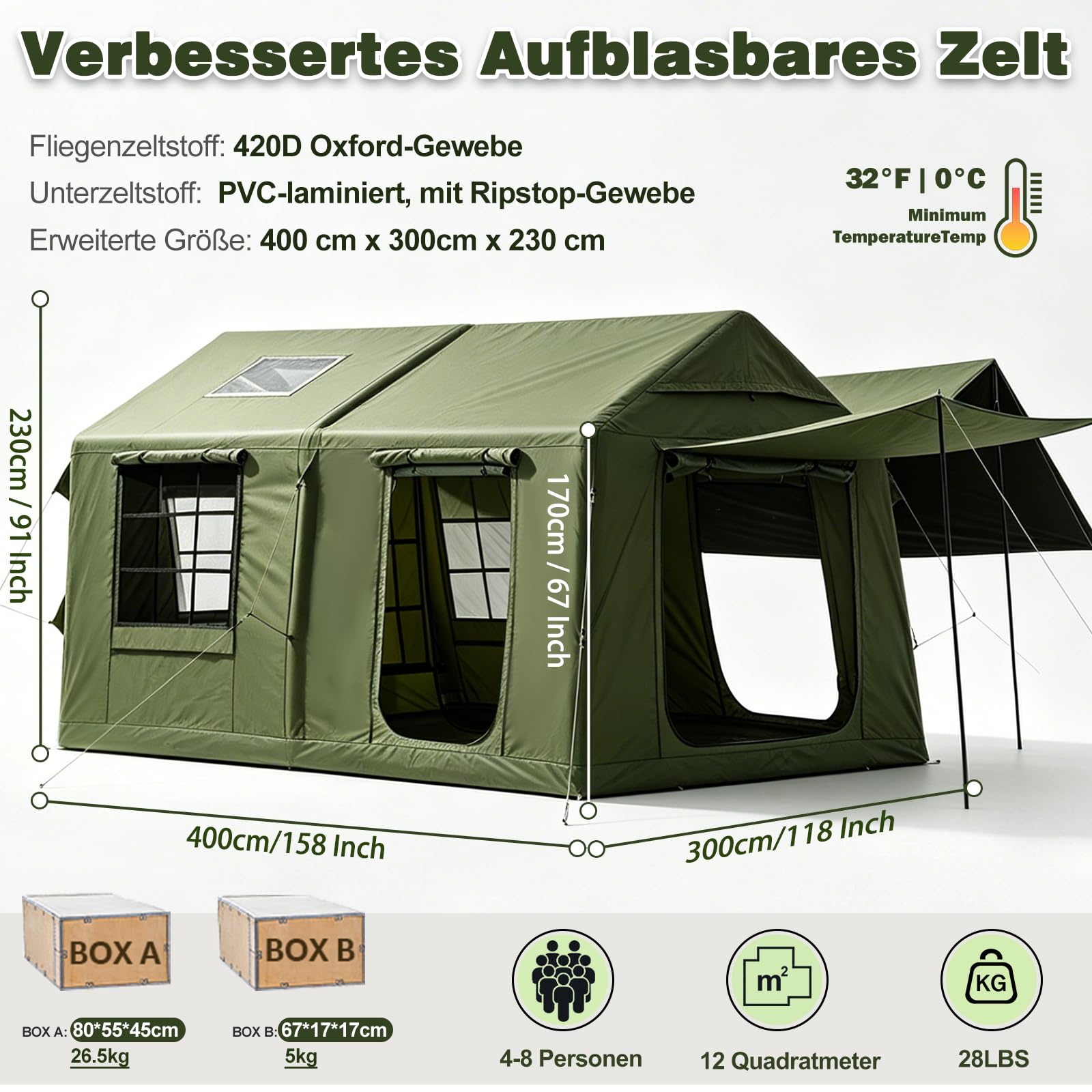 2-10Personen Aufblasbares Gampingzelt mit Oberlichter&Kaminöffnung, 420D Oxford Outdoor Familien Hauszelt Zelt, 4Jahreszeiten, wasserdichte, Ventilationssystem