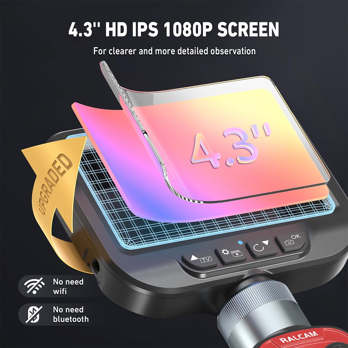 Ralcam Endoskopkamera 6,2mm Endoscope Camera - 360° Endoskop Schwenkbarer 4,3" HD 720P Inspektionskamera mit Licht Rohrkamera, Kameras mit 6 LED, IP67 Wasserdicht 3M Halbsteifes Kabel Lenkendoskop