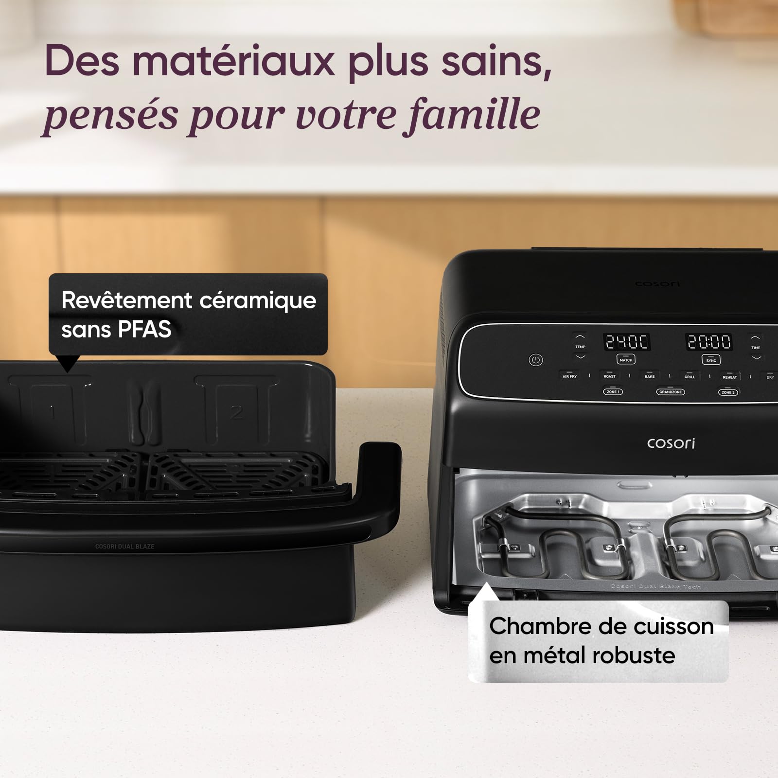 Cosori Air fryer Twinfry compact 8,6L Revêtement céramique | Sans PFAS, 4 résistances sur 2 niveaux, 6 fonctions, double panier avec séparateur amovible, 35-240 °C, 2700 W